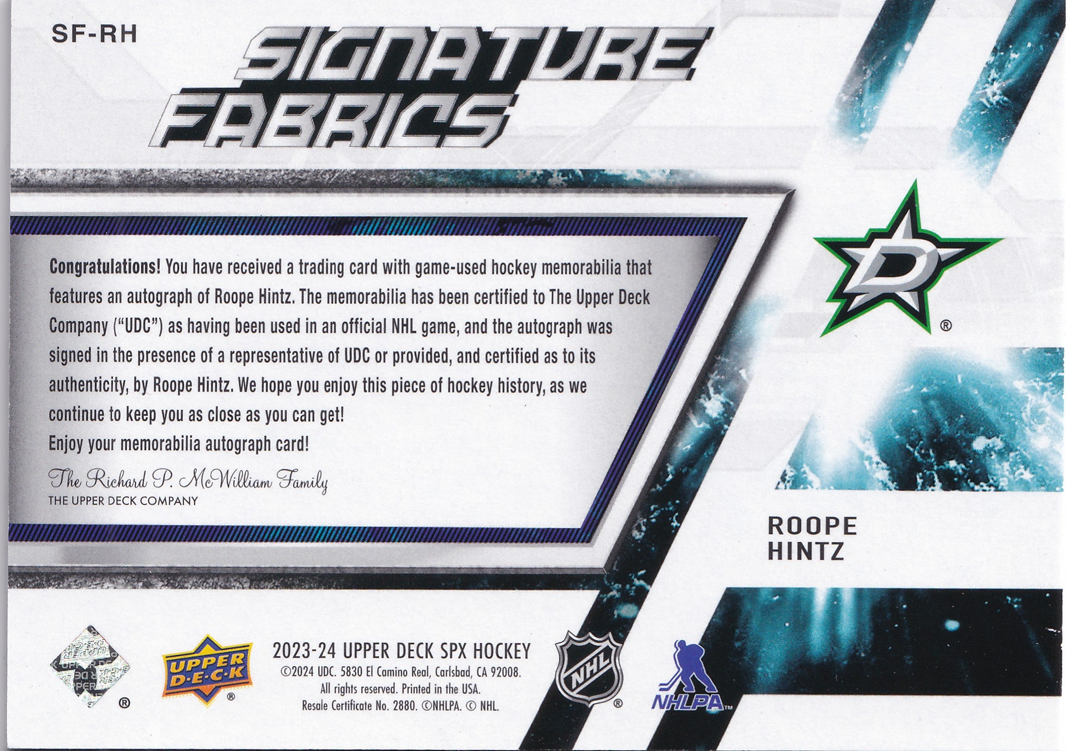 Roope Hintz 2023-24 Upper Deck SPx Signature Fabrics #SF-RH Auto Jersey /99