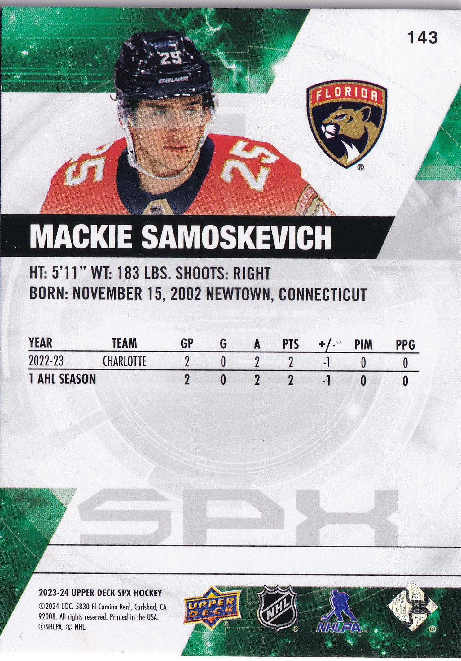 Mackie Samoskevich 2023-24 Upper Deck SPx Rookies #143 /299 RC