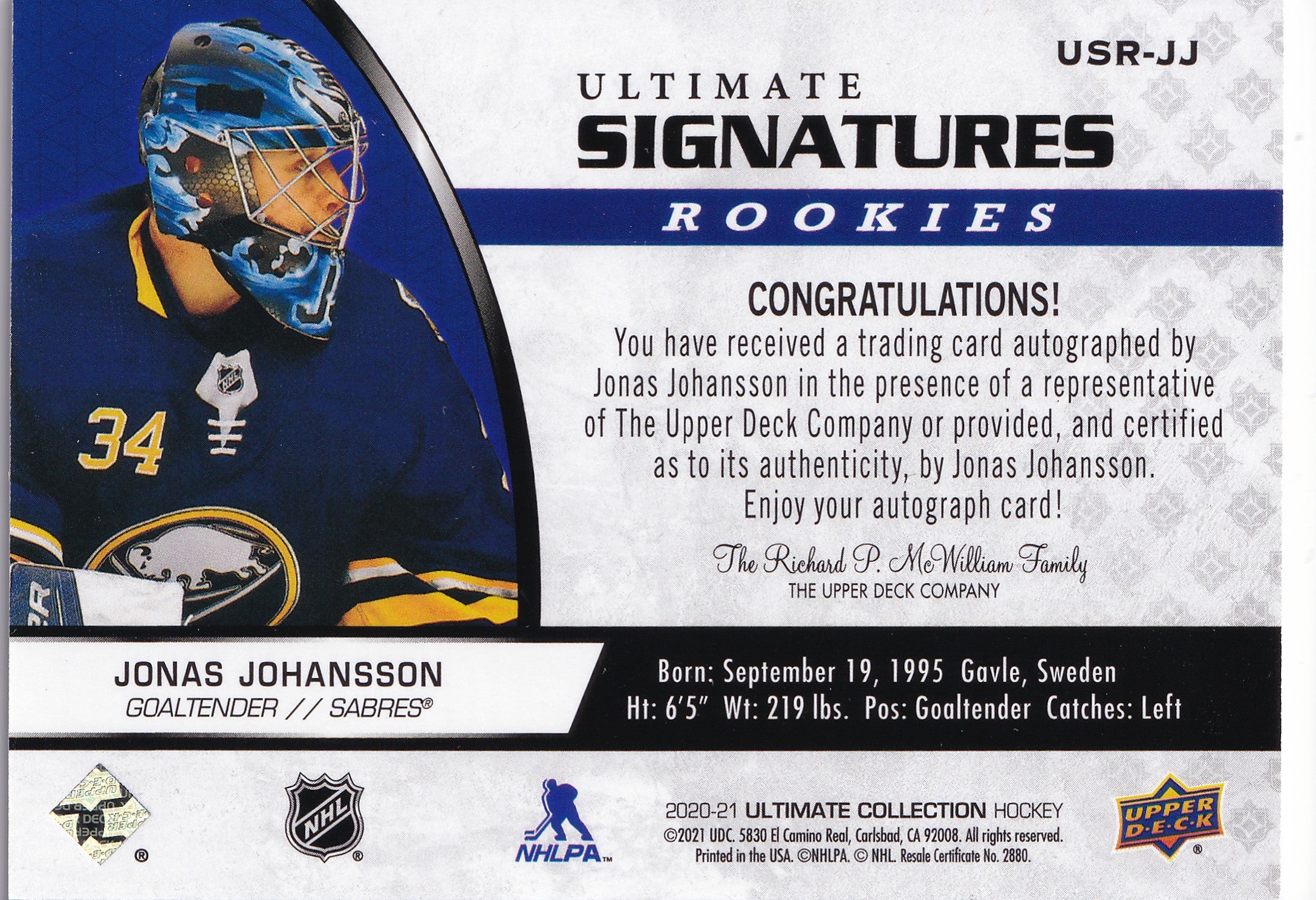 Jonas Johansson 2020-21 Upper Deck Ultimate Collection Ultimate Signatures Rookies #USR-JJ RC Auto