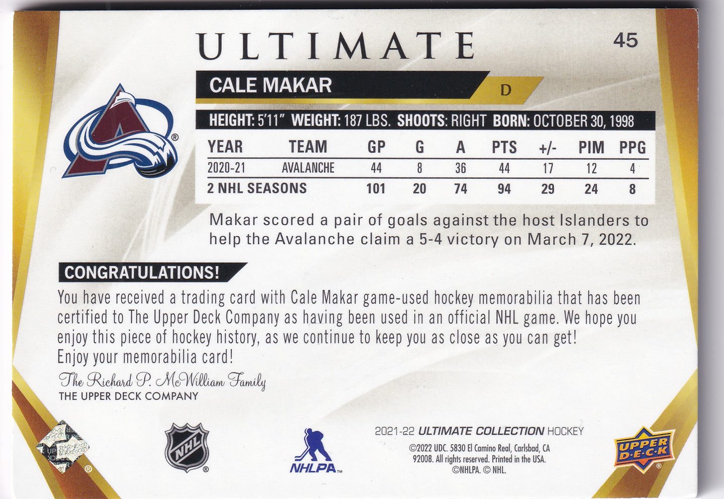 Cale Makar 2021-22 Upper Deck Ultimate Collection Jumbo Patch #45 1/3 – Game-Used