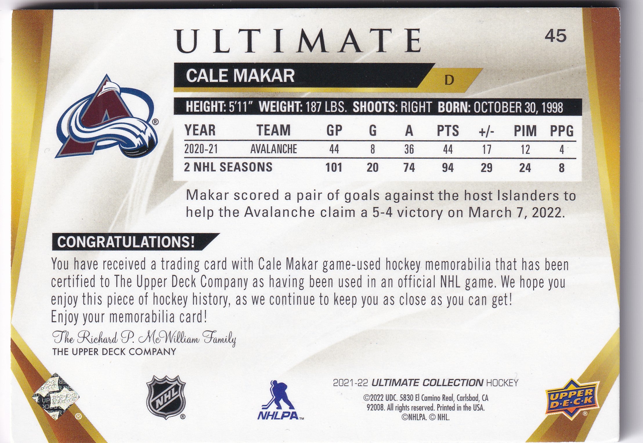 Cale Makar 2021-22 Upper Deck Ultimate Collection Jumbo Patch #45 1/3 – Game-Used