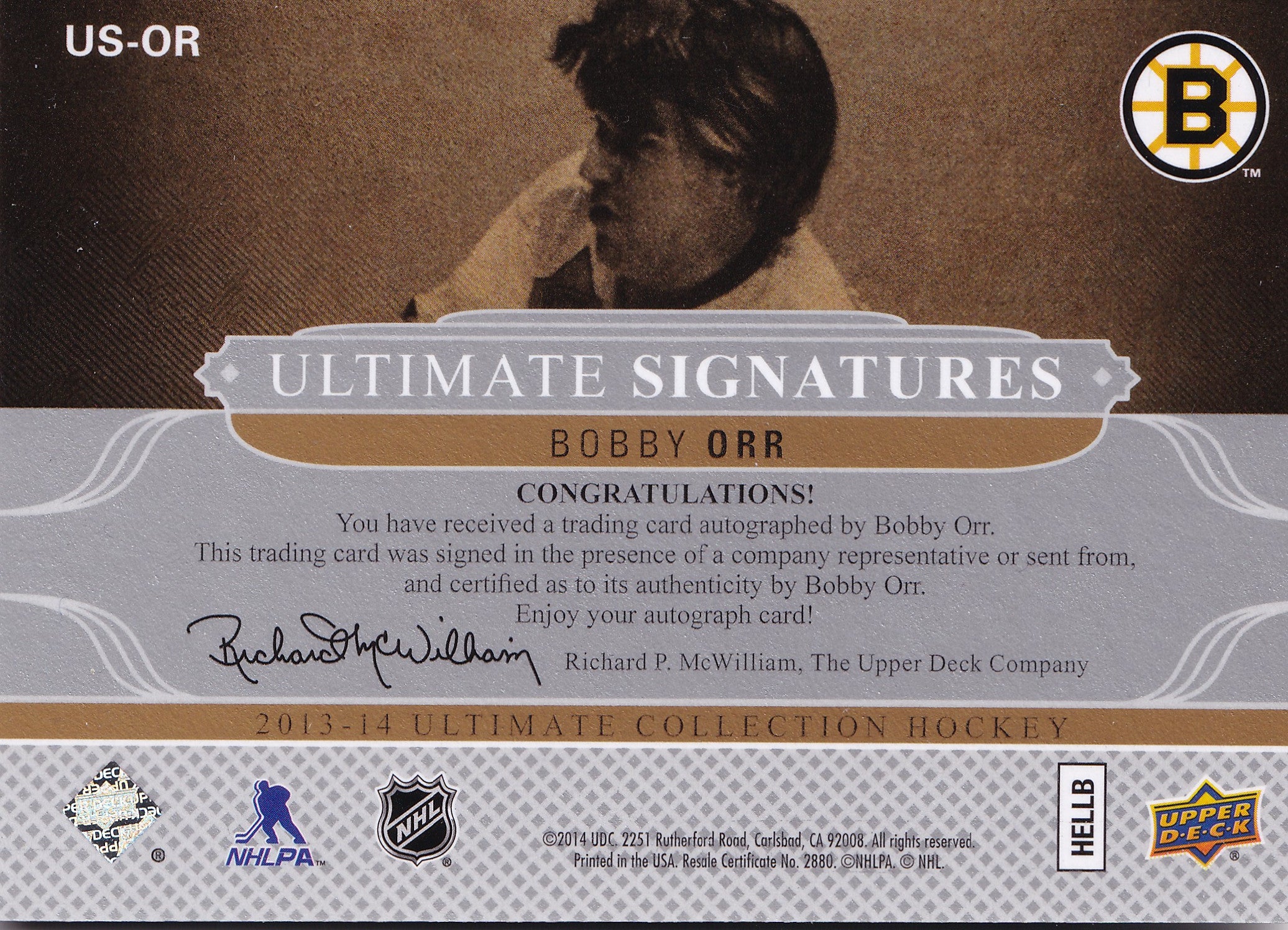 Bobby Orr 2013-14 Upper Deck Ultimate Collection Ultimate Signatures #US-OR – On-Card Auto