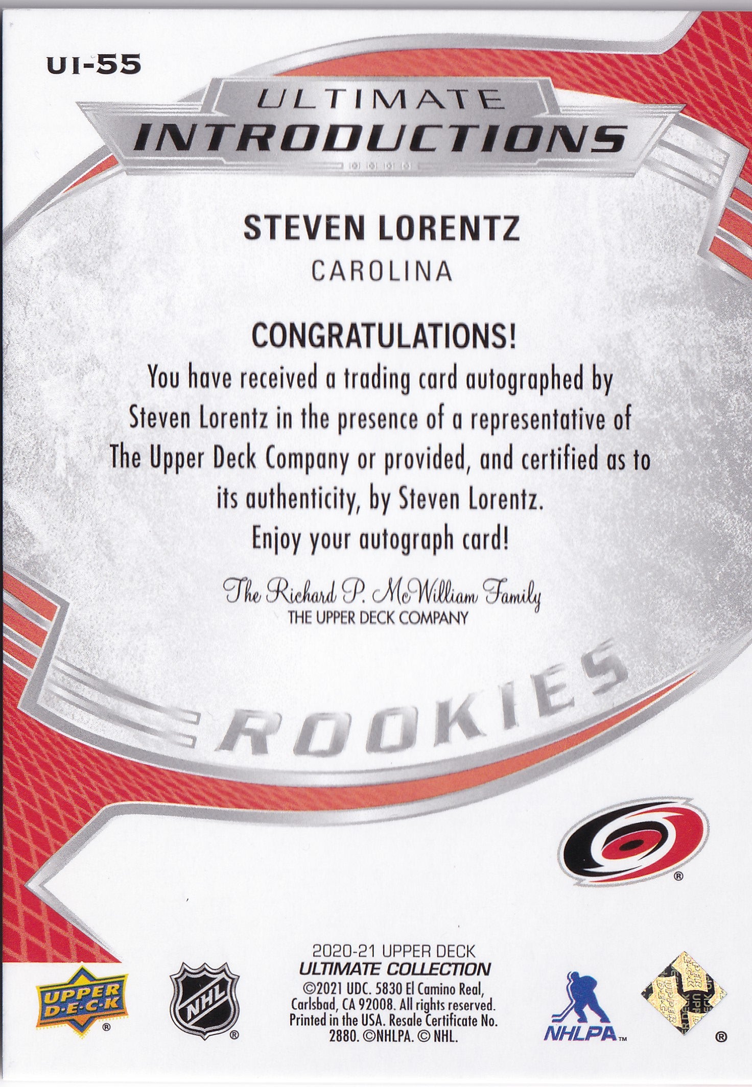 SSteven Lorentz 2020-21 Upper Deck Ultimate Collection Ultimate Introductions #UI-55 RC Auto