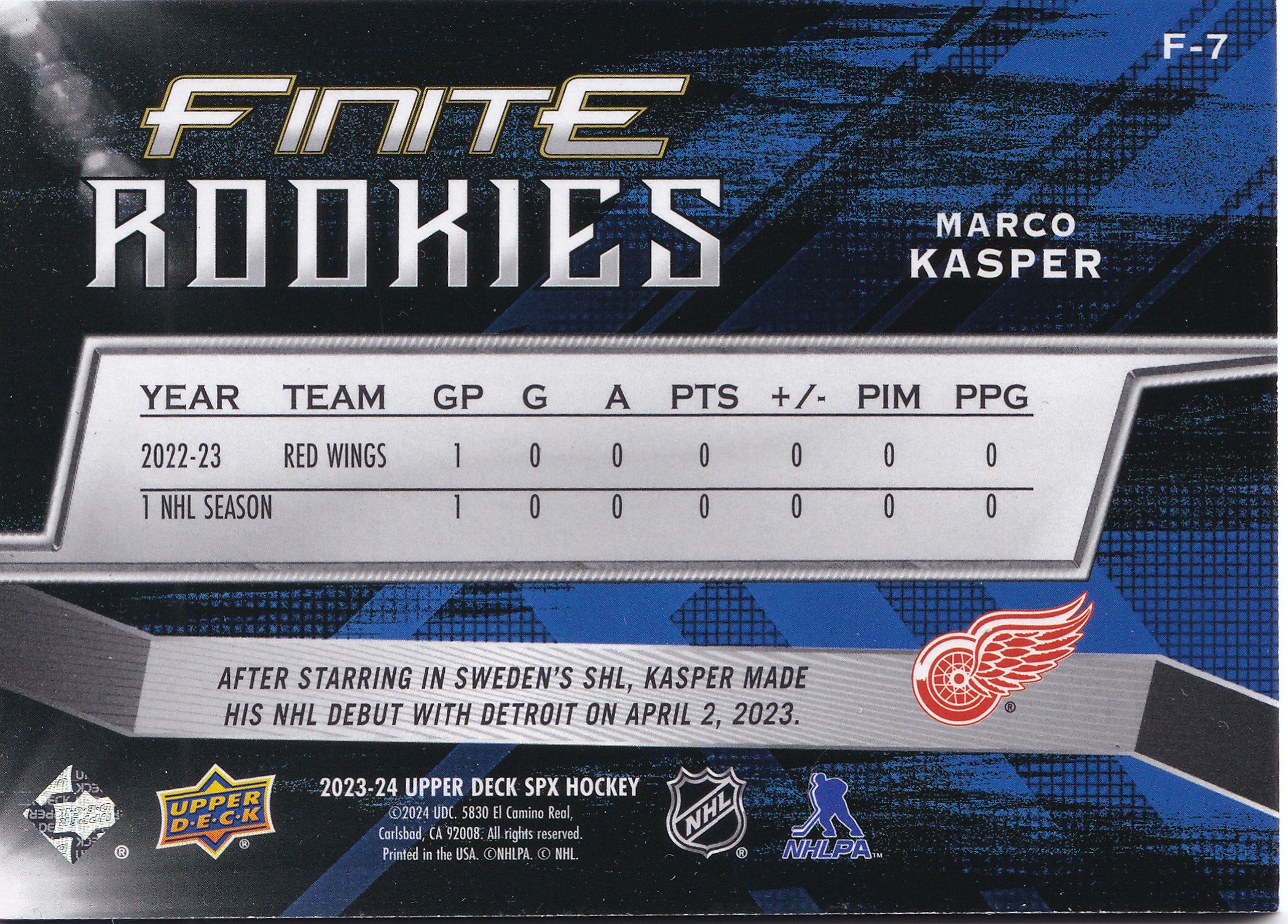 Marco Kasper 2023-24 Upper Deck SPx Finite Rookies Green #F-7 /199 RC