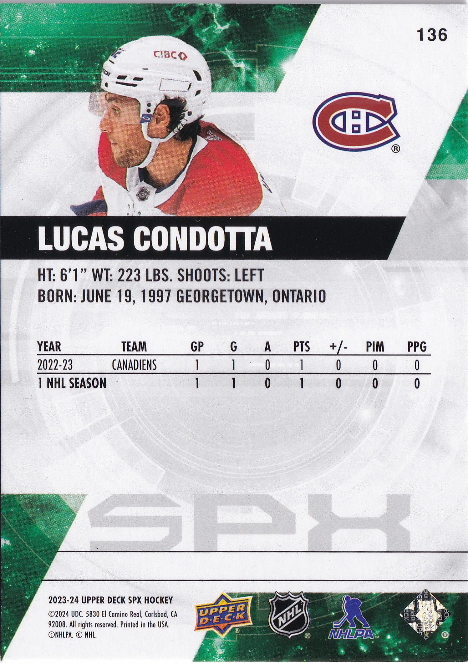 Lucas Condotta 2023-24 Upper Deck SPx Rookies #136 /299 RC