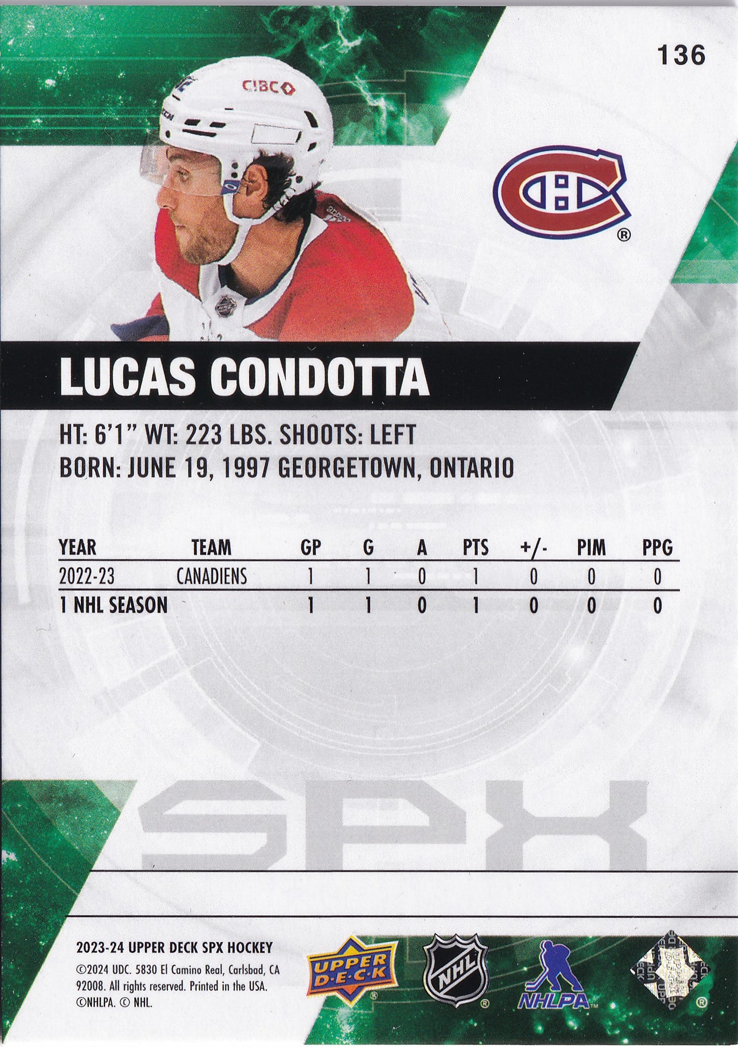 Lucas Condotta 2023-24 Upper Deck SPx Rookies #136 /299 RC