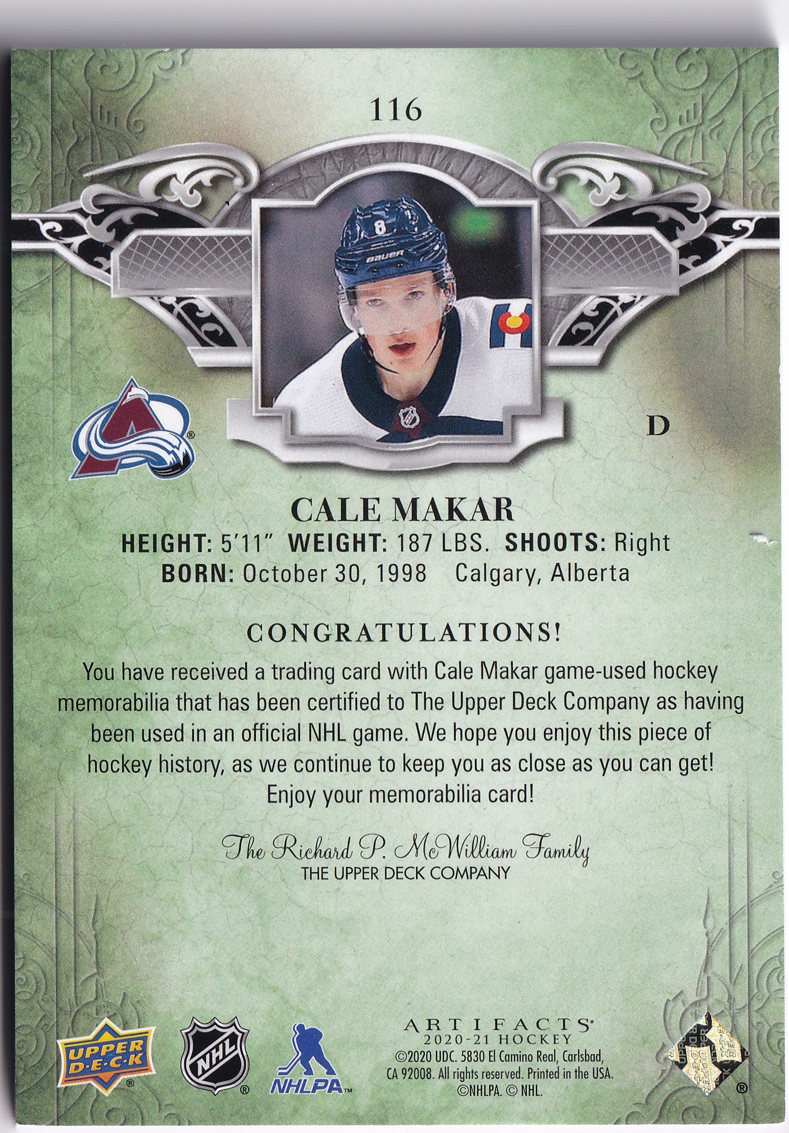 Cale Makar 2020-21 Upper Deck Artifacts Horizontal Material Black #116 Patch-Tag 1/2