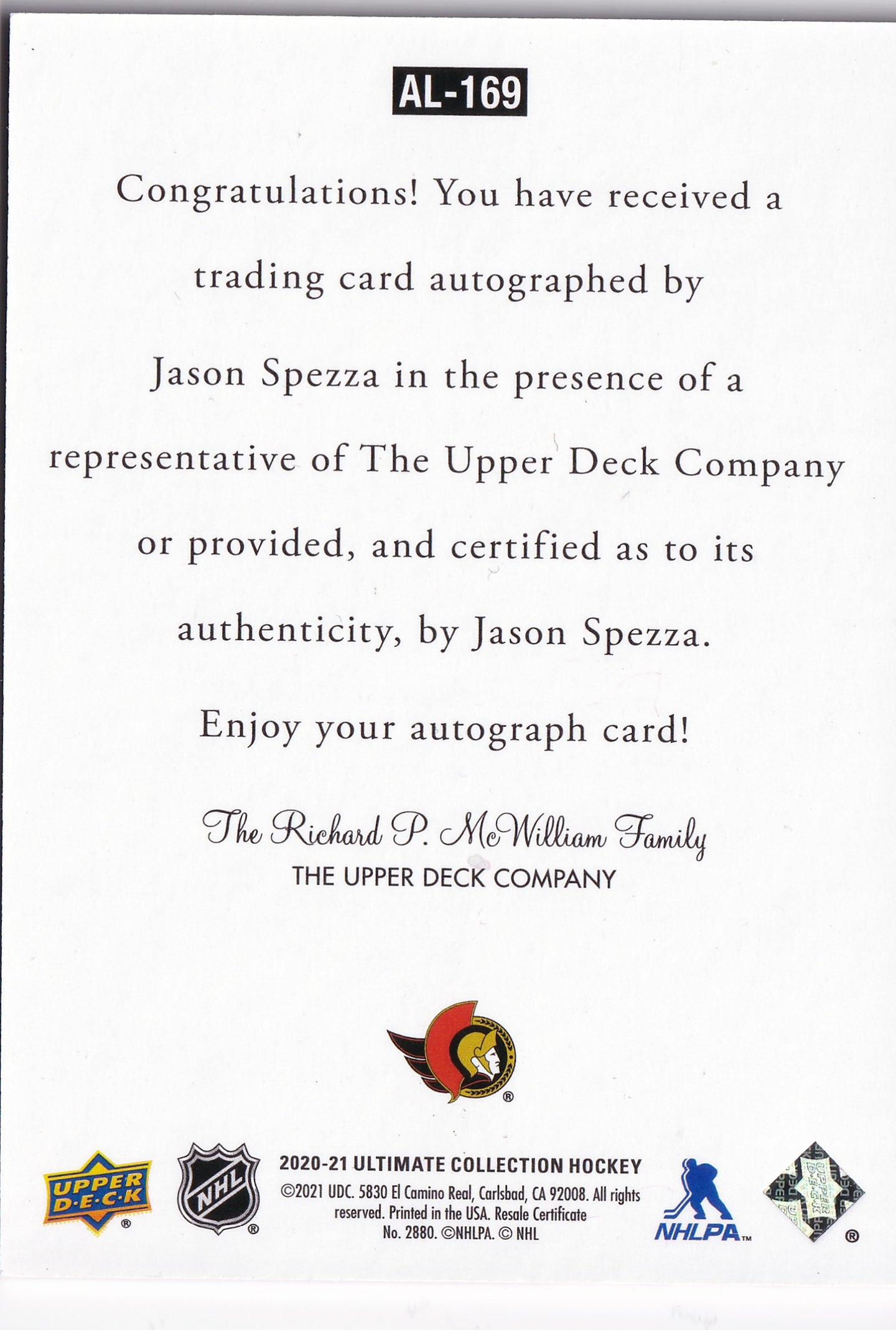 Jason Spezza 2020-21 Upper Deck Ultimate Collection 1997 Ultimate Legends Signatures #AL-169 Auto