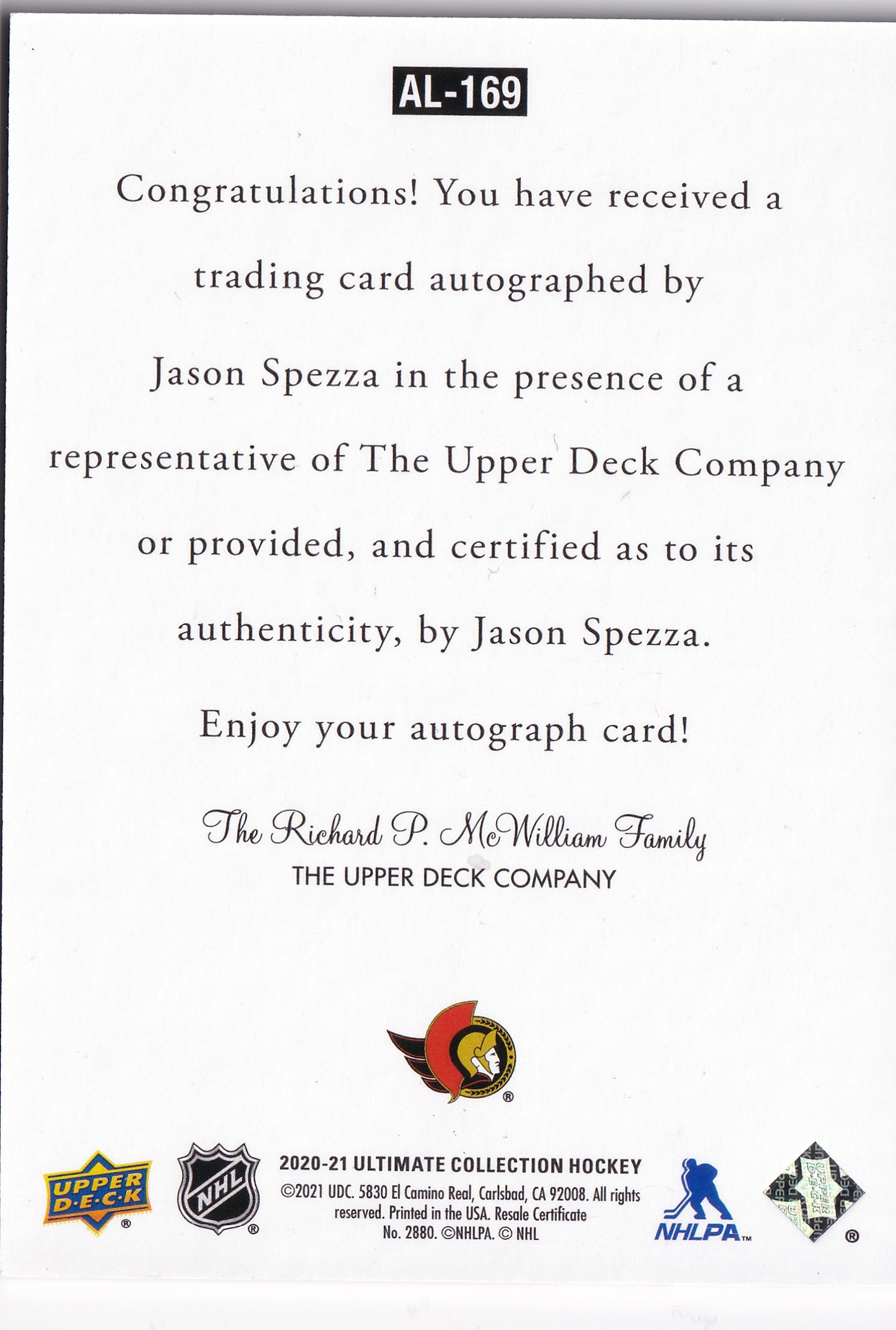 Jason Spezza 2020-21 Upper Deck Ultimate Collection 1997 Ultimate Legends Signatures #AL-169 Auto