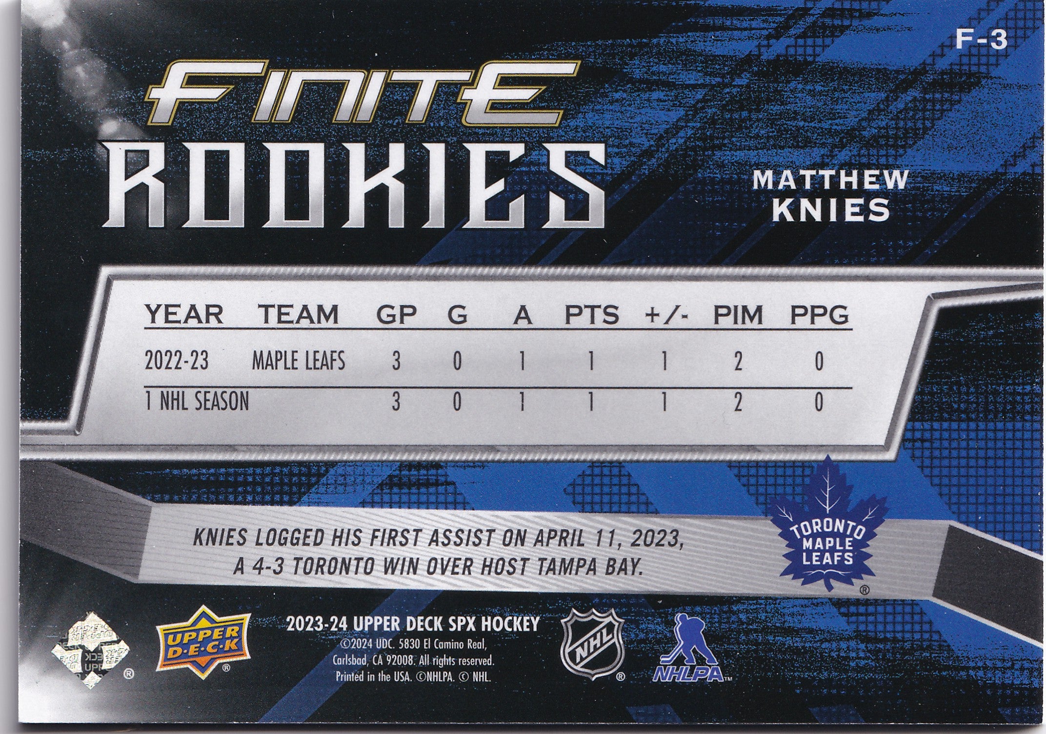 Matthew Knies 2023-24 SPx Finite Rookies Green /199 #F-3 – 075/199