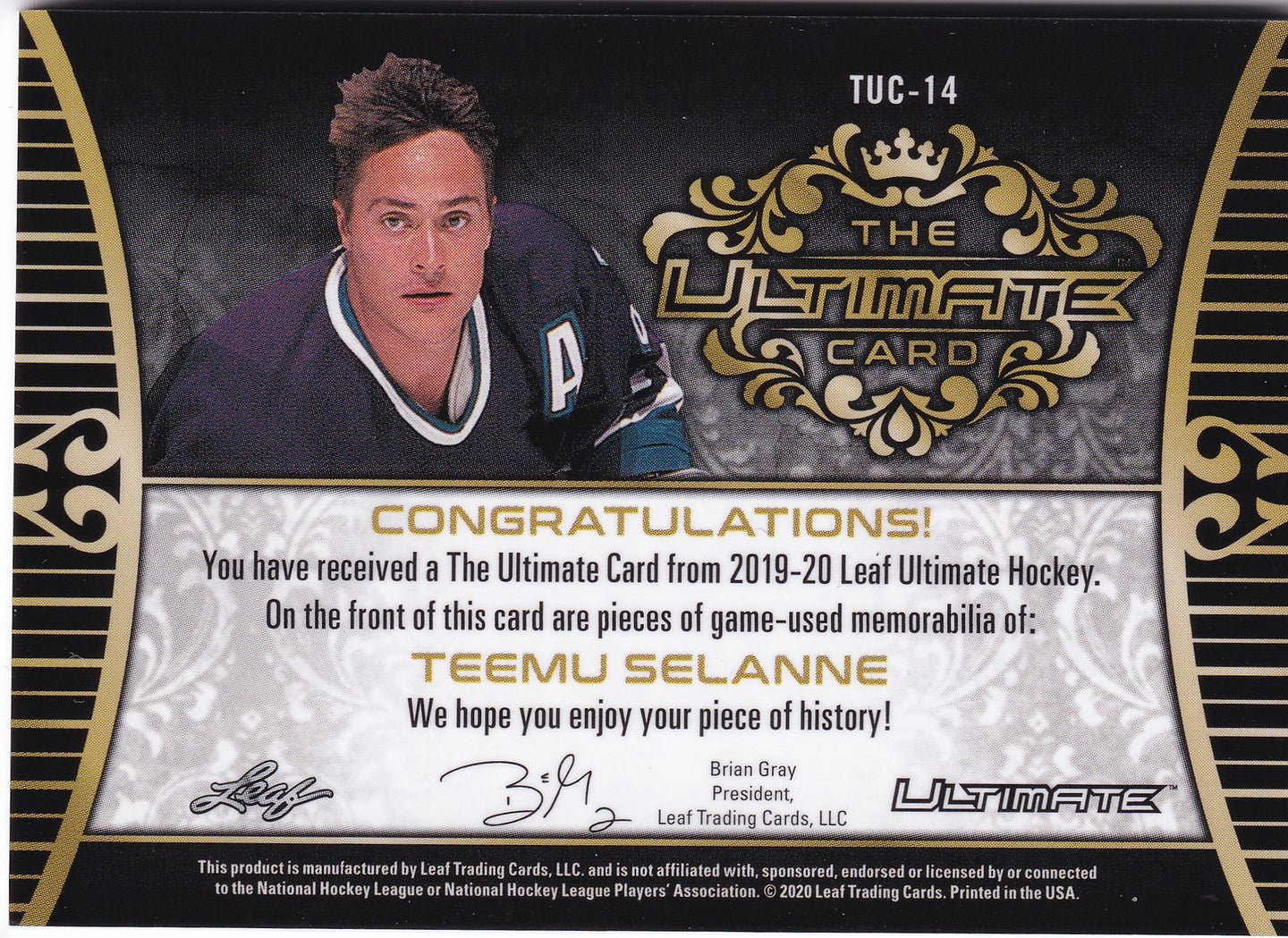 Teemu Selänne 2019-20 Leaf Ultimate Hockey The Ultimate Card #TUC-14 Purple /9 – Game-Used Quad Relic