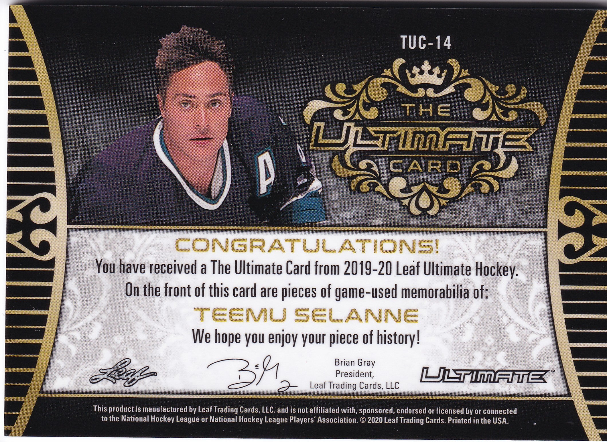 Teemu Selänne 2019-20 Leaf Ultimate Hockey The Ultimate Card #TUC-14 Purple /9 – Game-Used Quad Relic