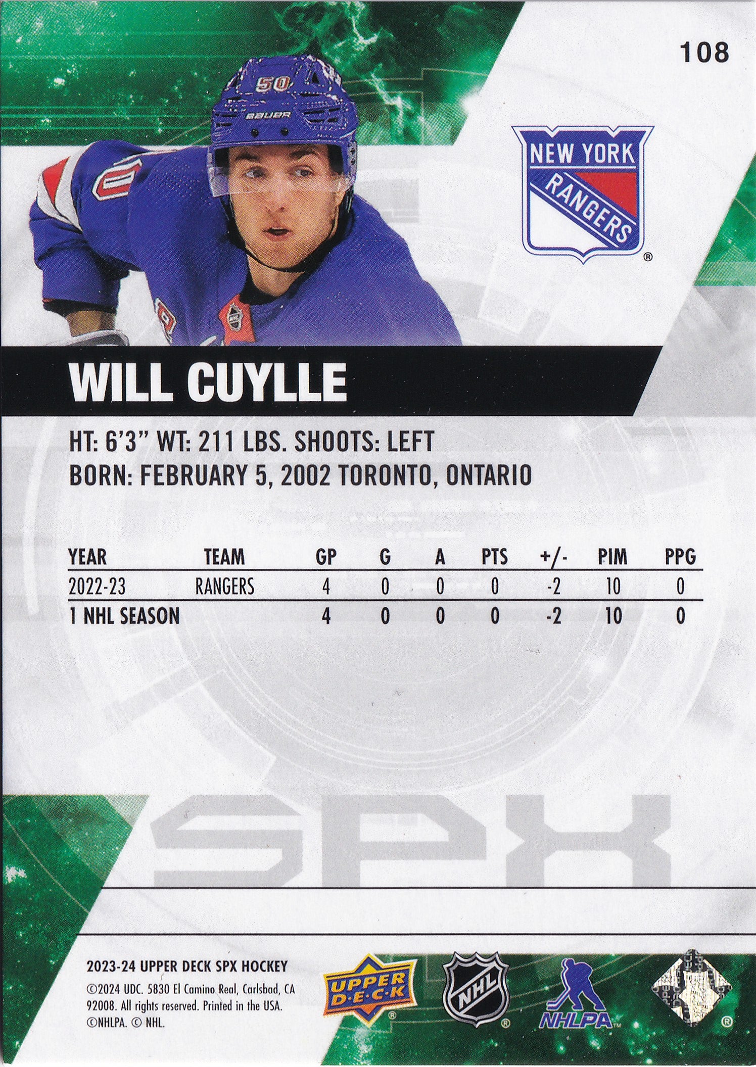 Will Cuylle 2023-24 Upper Deck SPx Rookies #108 /299 RC