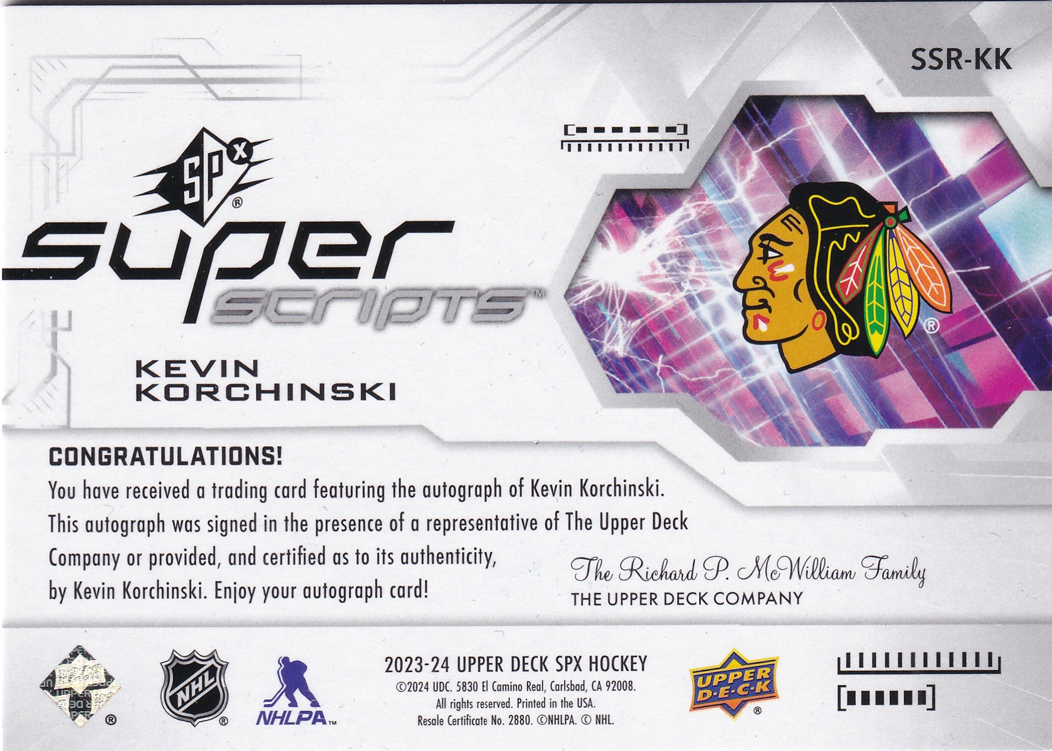 Kevin Korchinski 2023-24 Upper Deck SPx Rookie Super Scripts #SSR-KK RC Auto
