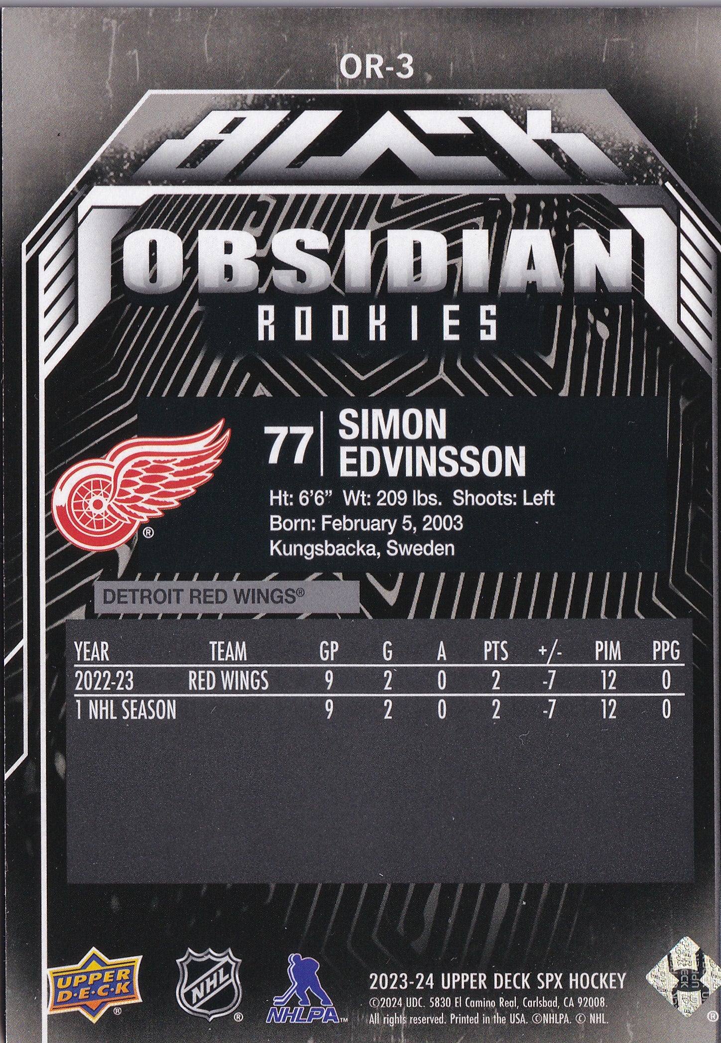 Simon Edvinsson 2023-24 Upper Deck SPx UD Black Obsidian Rookies Gold #OR-3 /99 RC