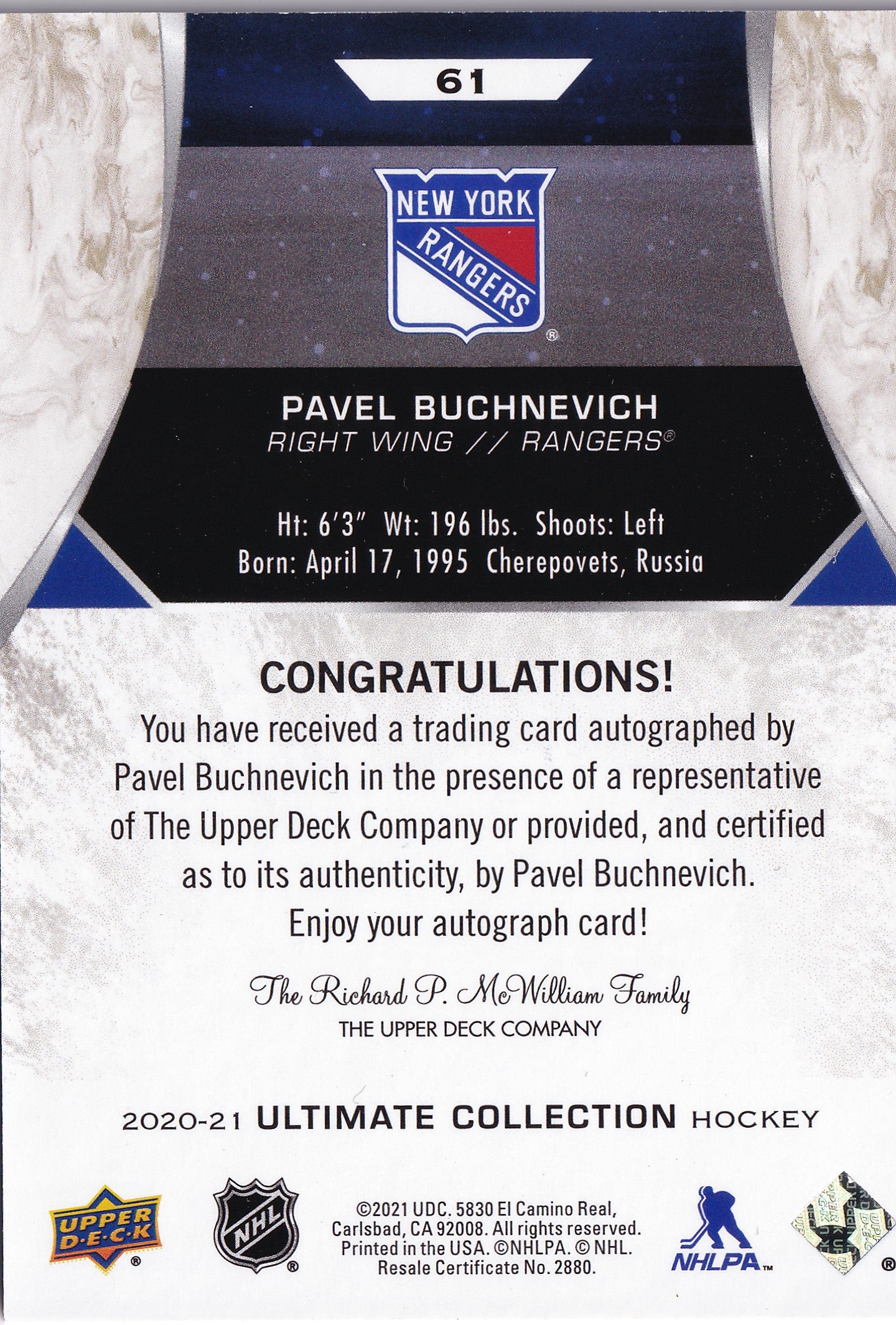 Pavel Buchnevich 2020-21 Upper Deck Ultimate Collection Auto Parallel #61 – On-Card Auto