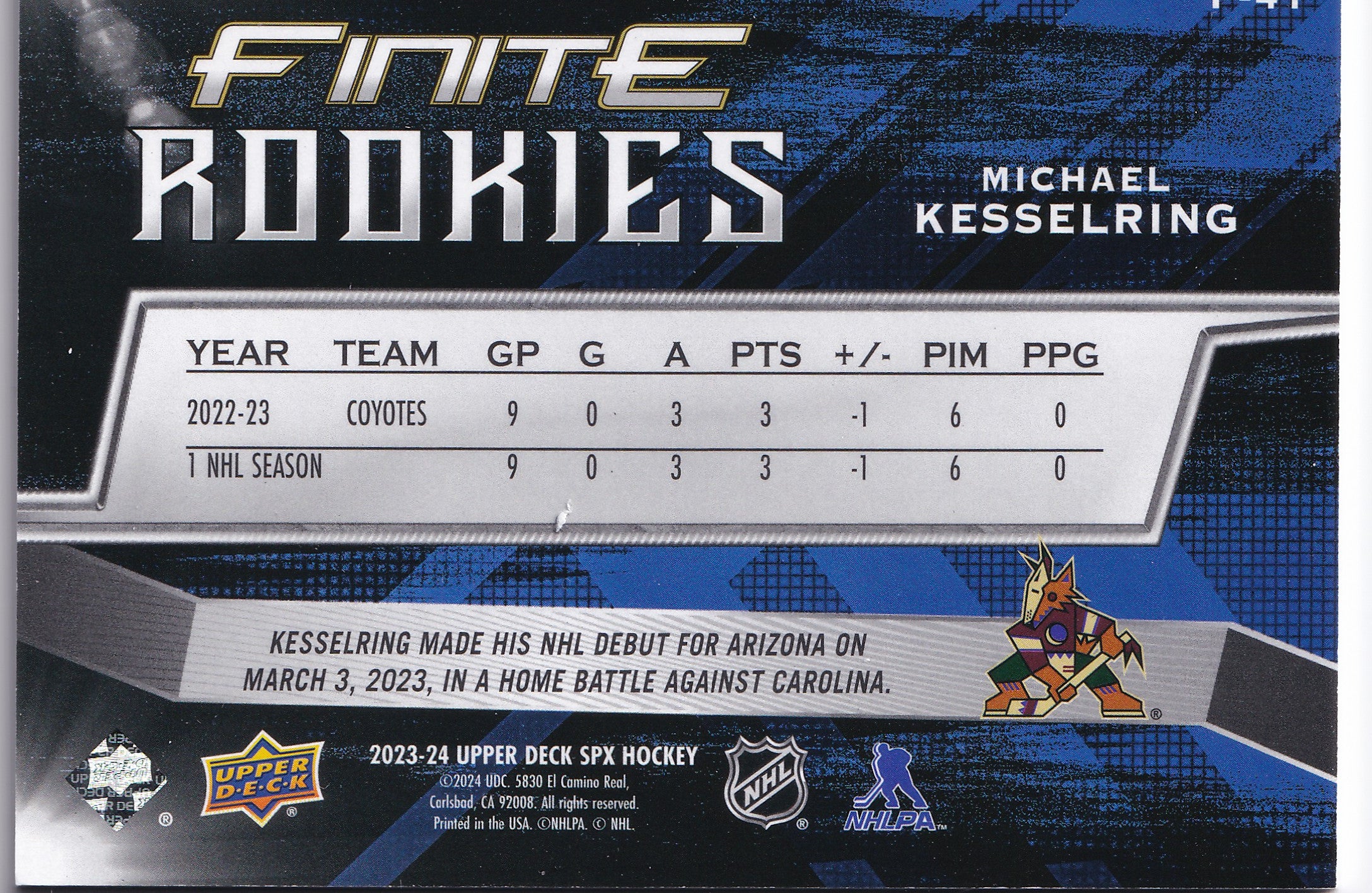 Michael Kesselring RC – 2023–24 SPx Finite Rookies Platinum #F-41 /99