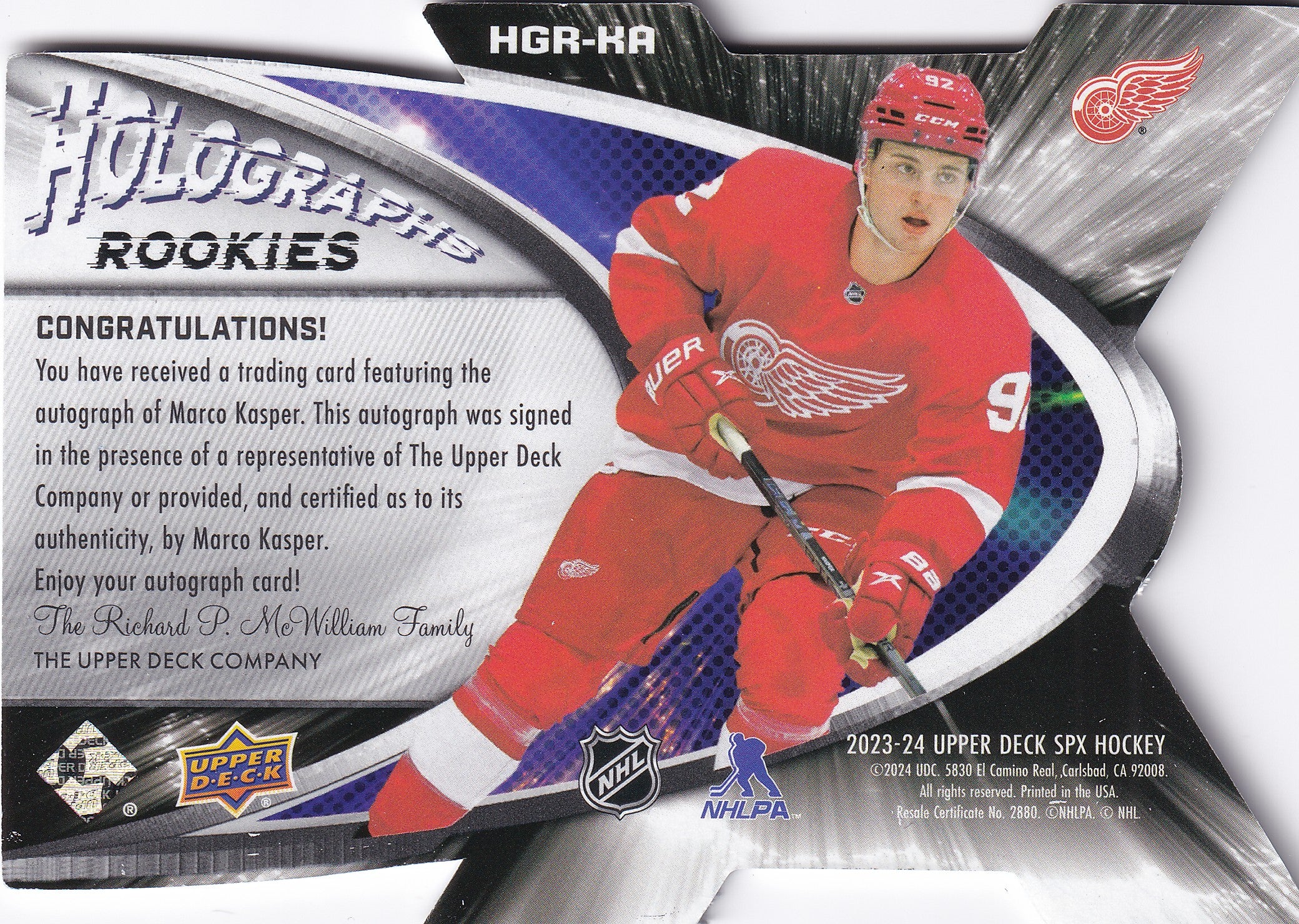 Marco Kasper 2023-24 Upper Deck SPx Auto Holograph Rookies #HGR-KA /49 RC Auto