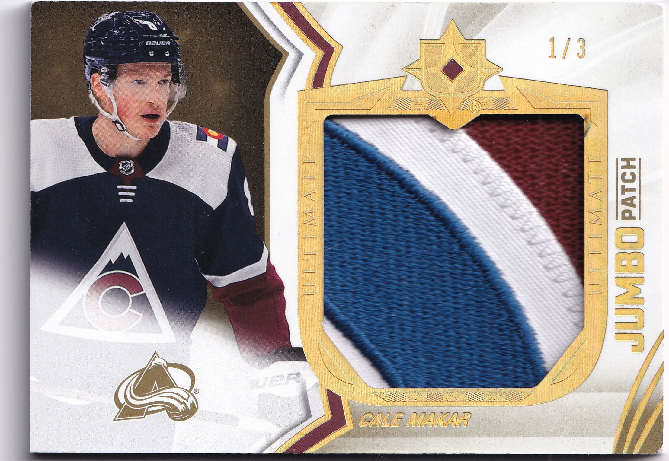 Cale Makar 2021-22 Upper Deck Ultimate Collection Jumbo Patch #45 1/3 – Game-Used