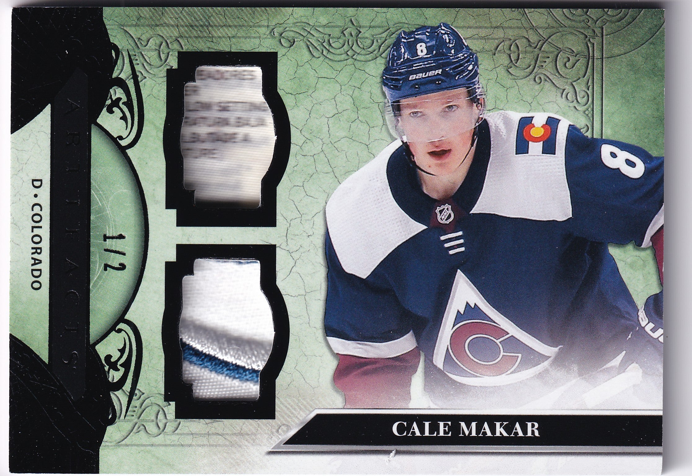 Cale Makar 2020-21 Upper Deck Artifacts Horizontal Material Black #116 Patch-Tag 1/2