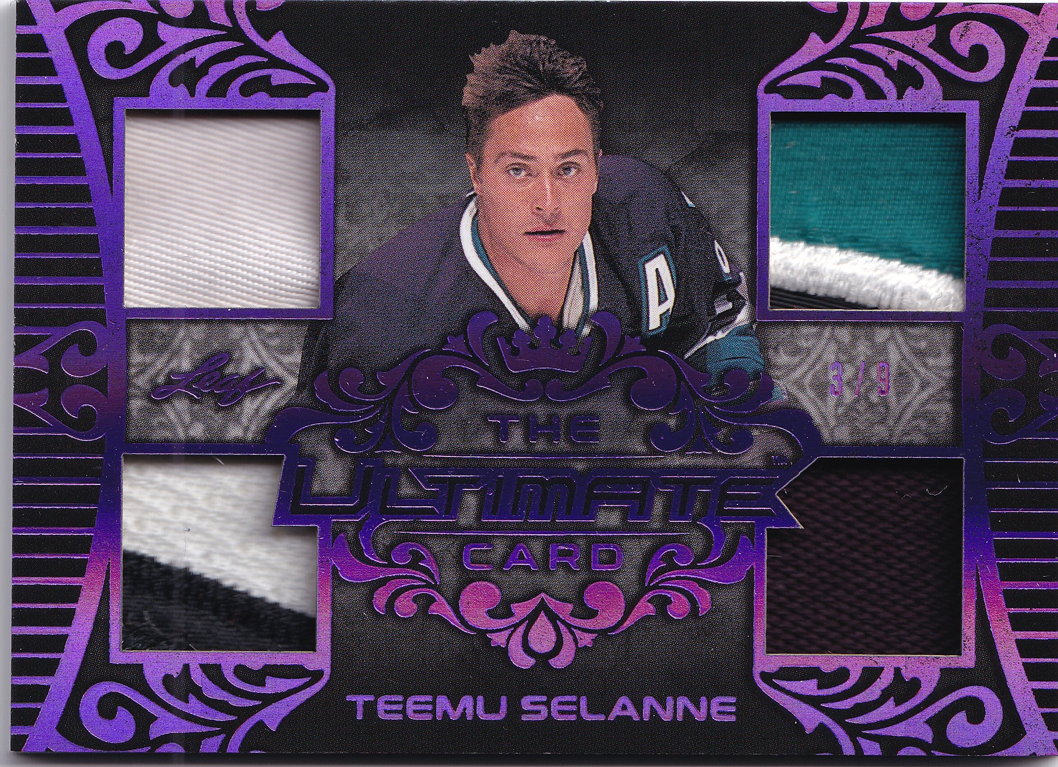 Teemu Selänne 2019-20 Leaf Ultimate Hockey The Ultimate Card #TUC-14 Purple /9 – Game-Used Quad Relic