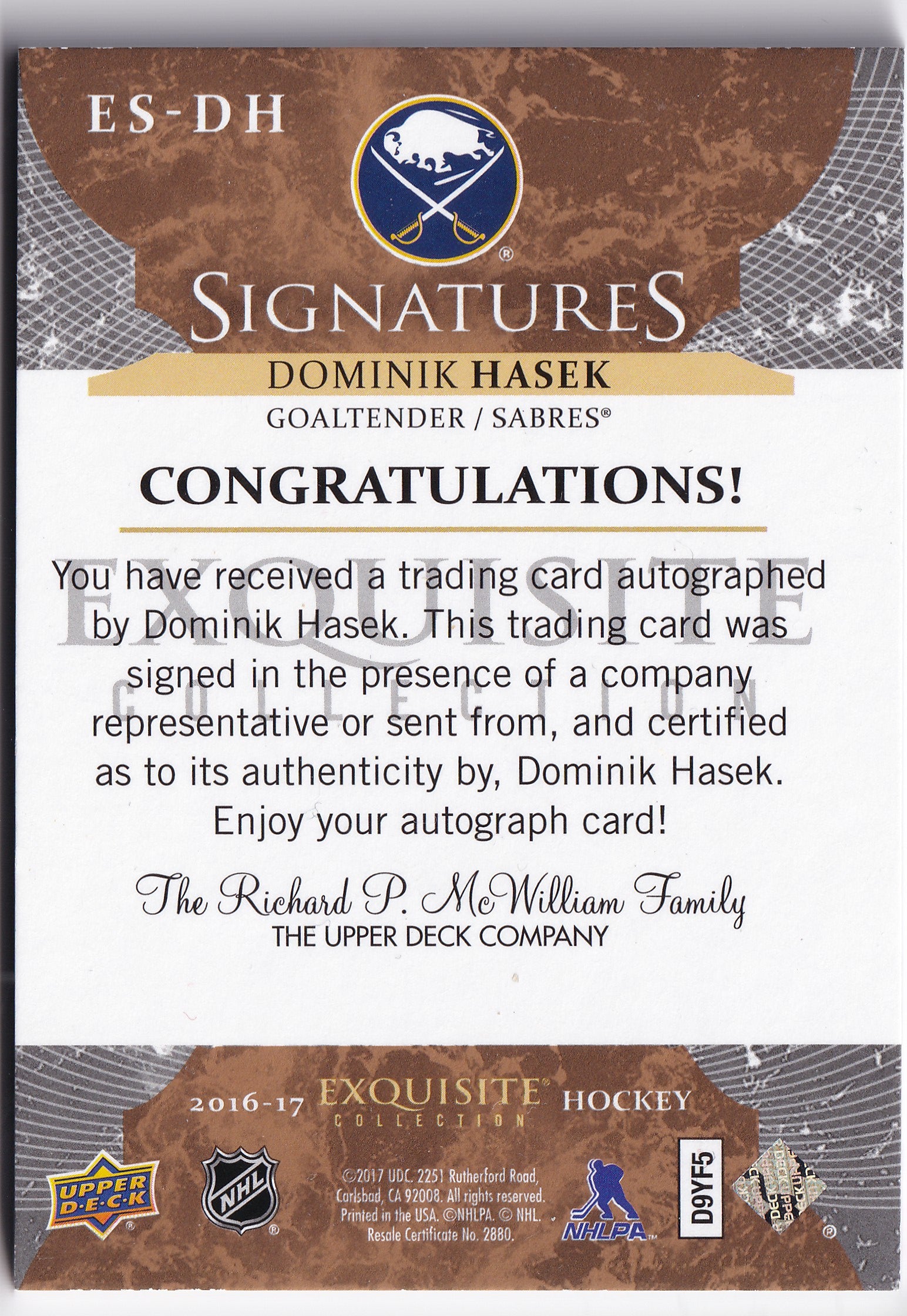 Dominik Hašek 2016-17 Exquisite Collection Signatures Auto /49 #ES-DH – 23/49