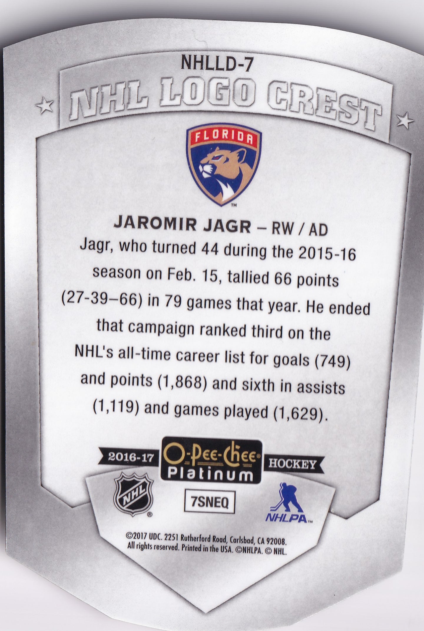 Jaromír Jágr 2016–17 O-Pee-Chee Platinum NHL Logo Crest Die-Cut #NHLLD-7 – Florida Panthers