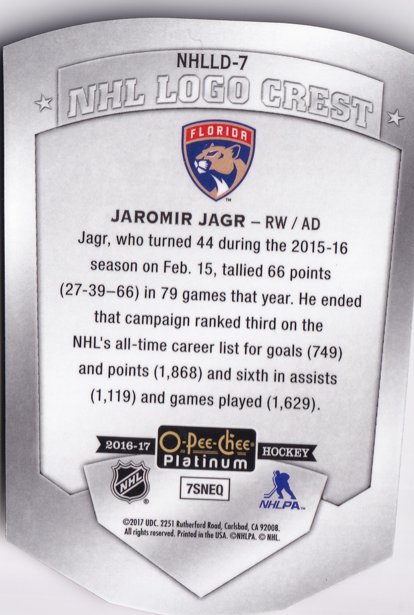 Jaromír Jágr 2016–17 O-Pee-Chee Platinum NHL Logo Crest Die-Cut #NHLLD-7 – Florida Panthers