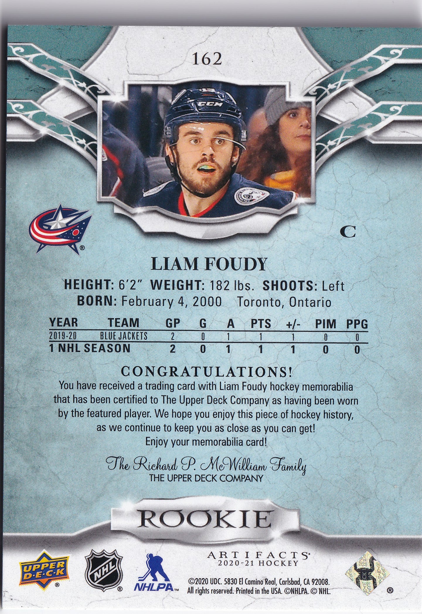 Liam Foudy 2020–21 Artifacts Rookie Materials Purple Dual Patch /49 #162 – 15/49