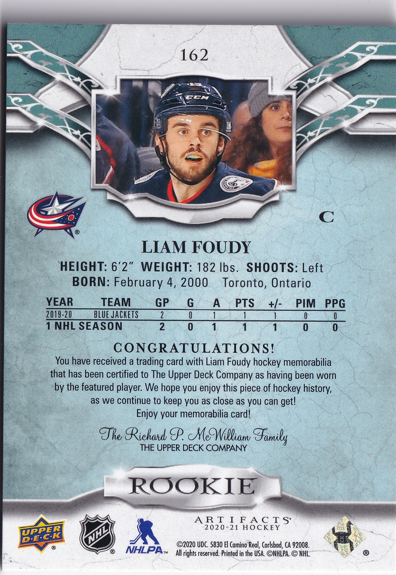 Liam Foudy 2020–21 Artifacts Rookie Materials Purple Dual Patch /49 #162 – 15/49