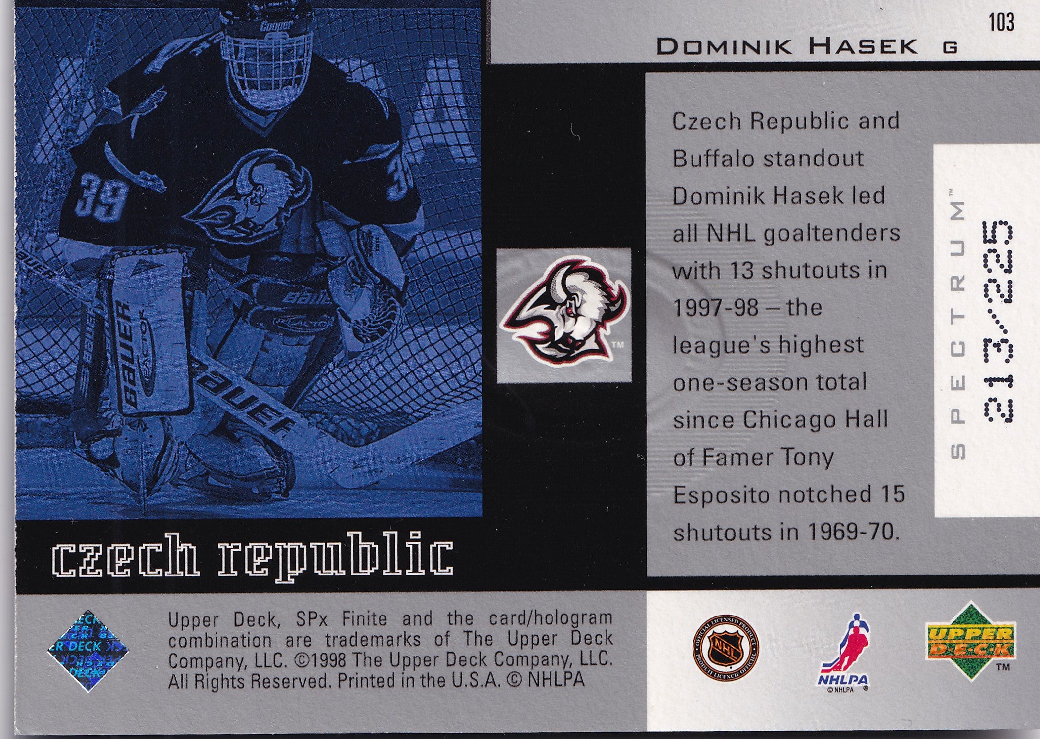 Dominik Hašek 1998–99 SPx Finite Global Impact Spectrum /225 #103 – 219/225