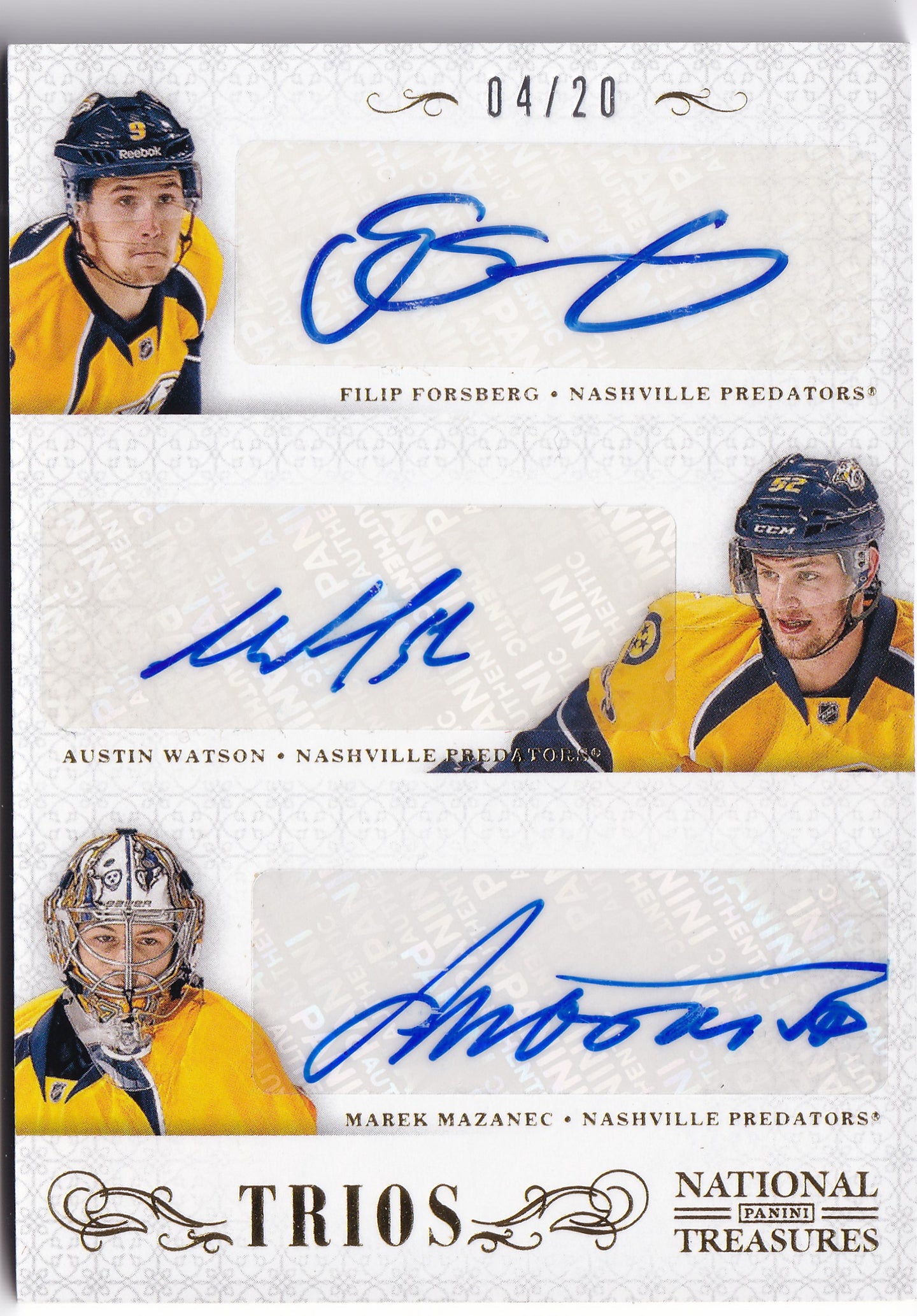Filip Forsberg, Austin Watson & Marek Mazanec 2013–14 National Treasures Trios Triple Auto /20 #3S-PRE – 04/20