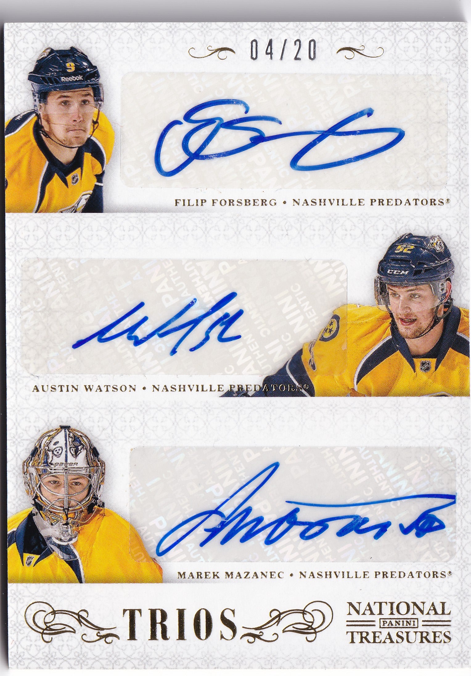 Filip Forsberg, Austin Watson & Marek Mazanec 2013–14 National Treasures Trios Triple Auto /20 #3S-PRE – 04/20