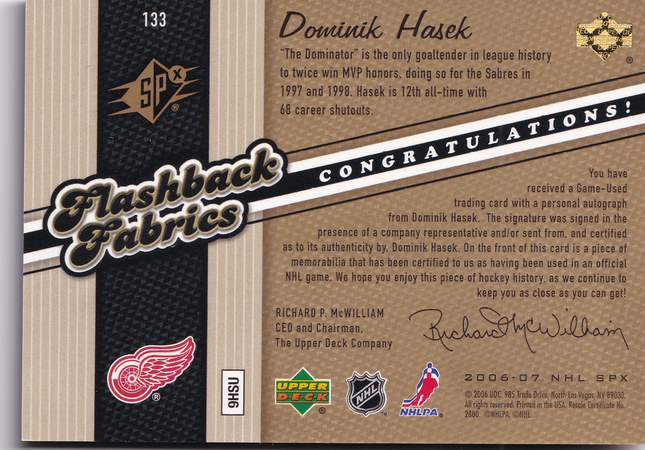 2006–07 Upper Deck SPx Dominik Hašek Flashback Fabrics Autograph Jersey #133 – Detroit Red Wings