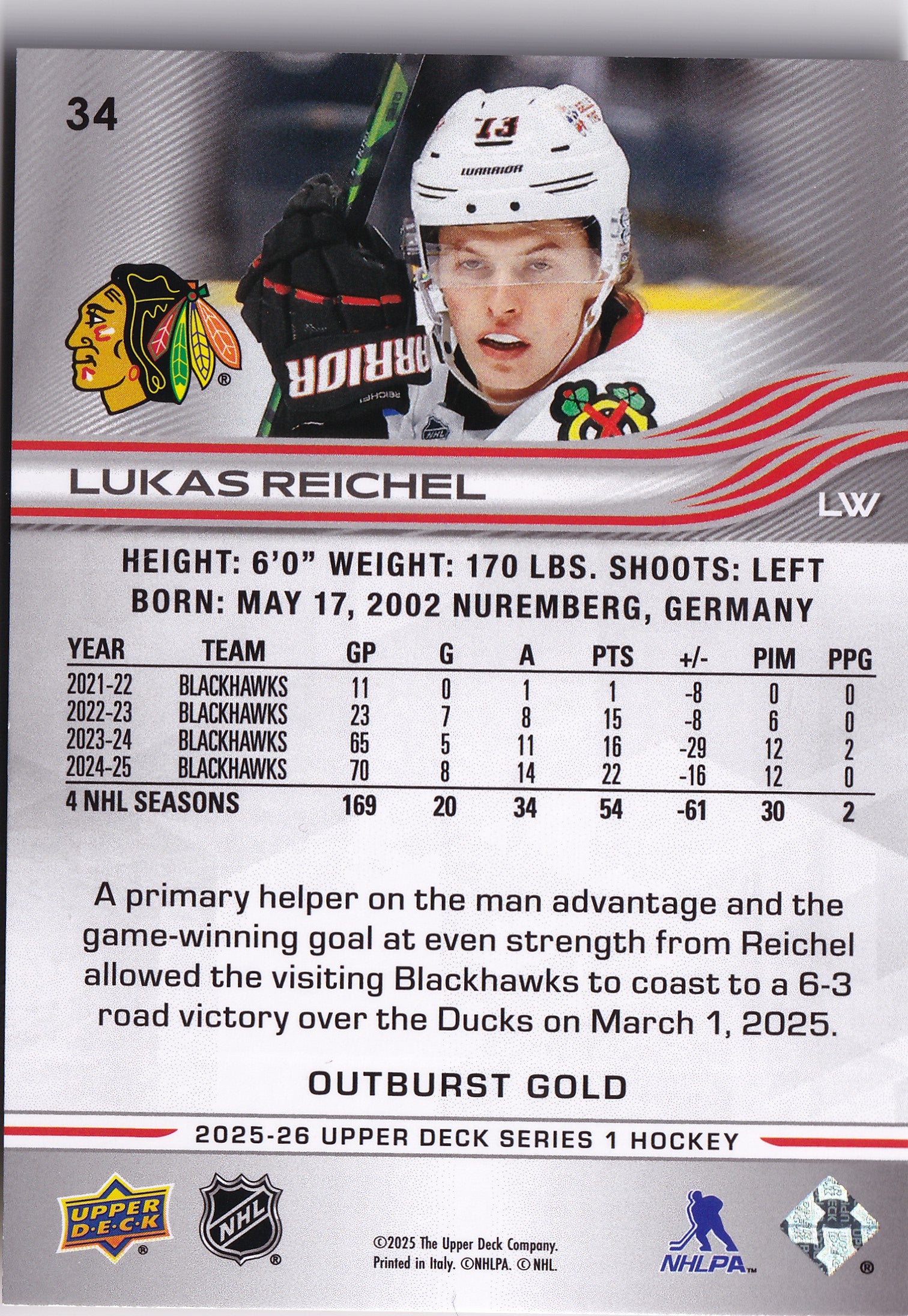 Lukas Reichel 2025–26 Upper Deck Series 1 Outburst Gold 1/1 #34
