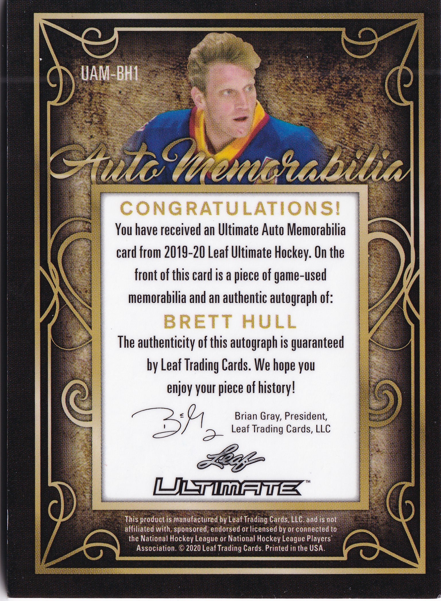 2019–20 Leaf Ultimate Brett Hull Ultimate Auto Memorabilia /15 #UAM-BH1 – podpis a game-used memorabilia