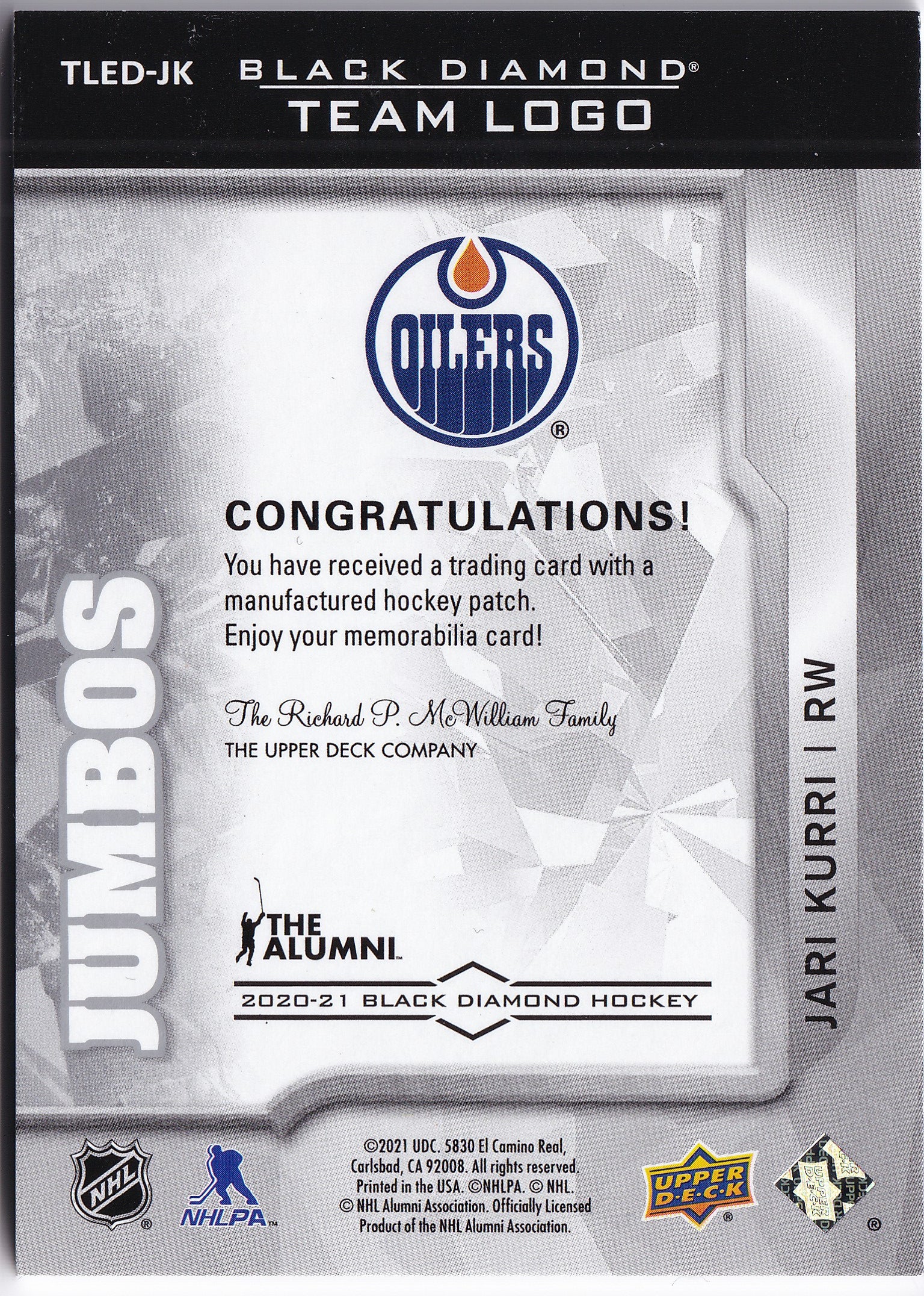 Jari Kurri 2020–21 Black Diamond Team Logo Jumbo Puzzle Patch #TLED-JK – Edmonton Oilers