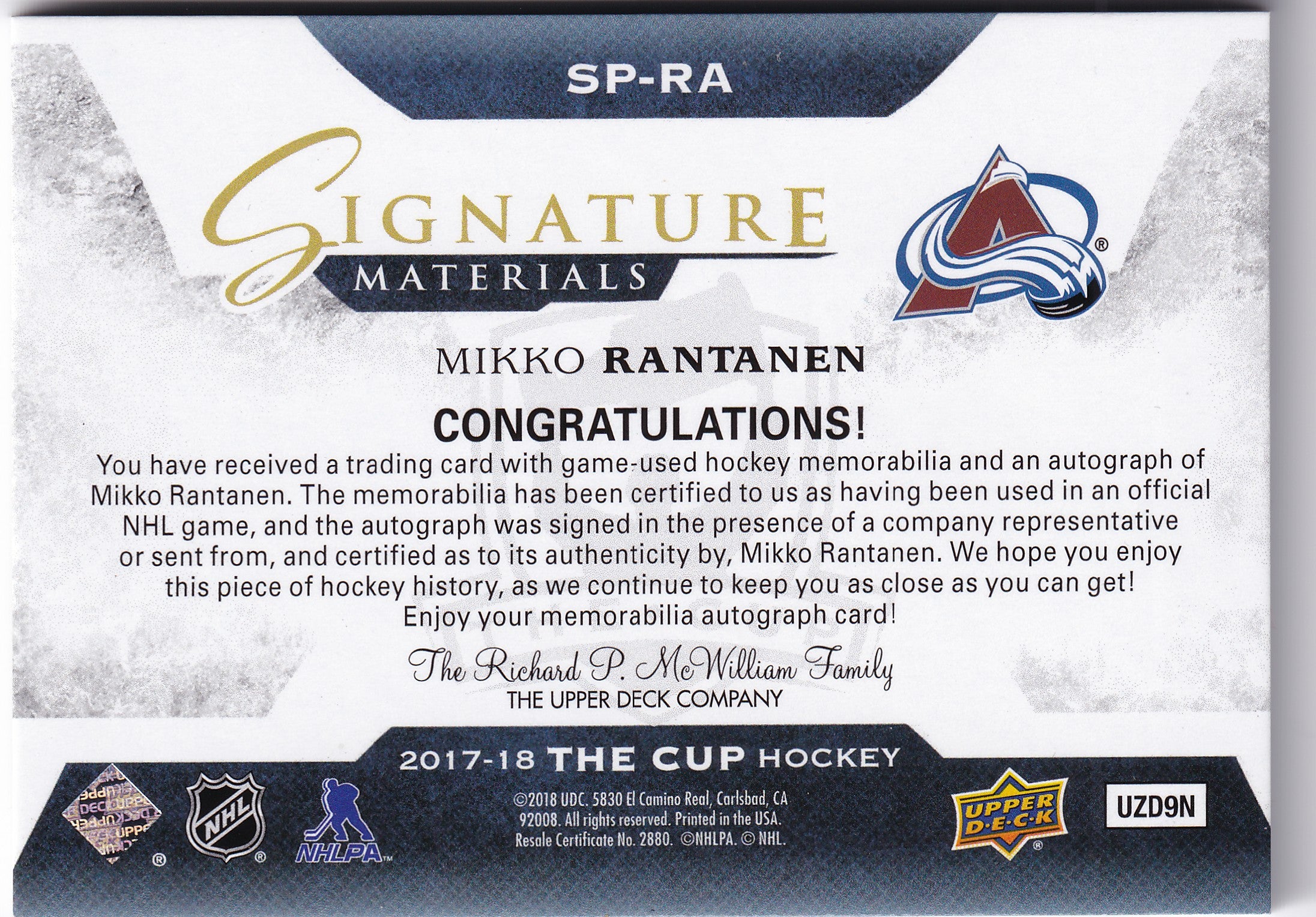 Mikko Rantanen 2017–18 The Cup Signature Materials Patch Auto /99 #SP-RA – 39/99