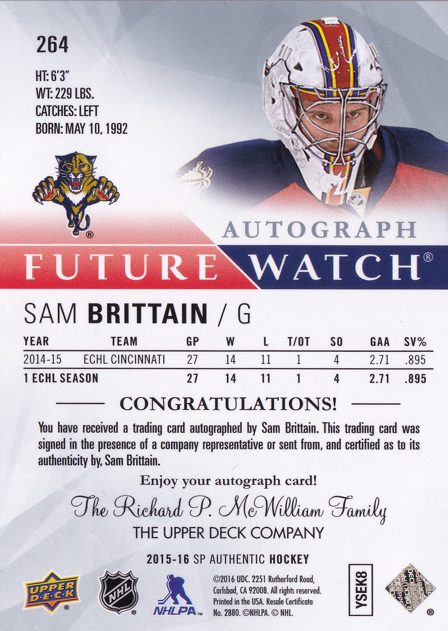 Sam Brittain 2015–16 SP Authentic Future Watch Autograph Rookie /999 #264 – 469/999