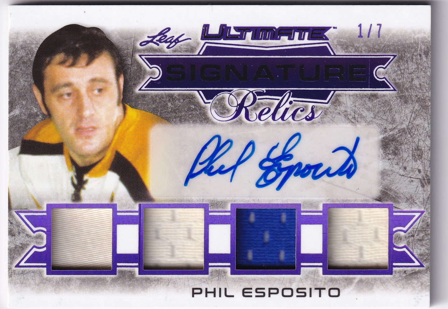 Phil Esposito 2019–20 Leaf Ultimate Signature Relics Purple Auto /7 #USR-PE1 – 1/7