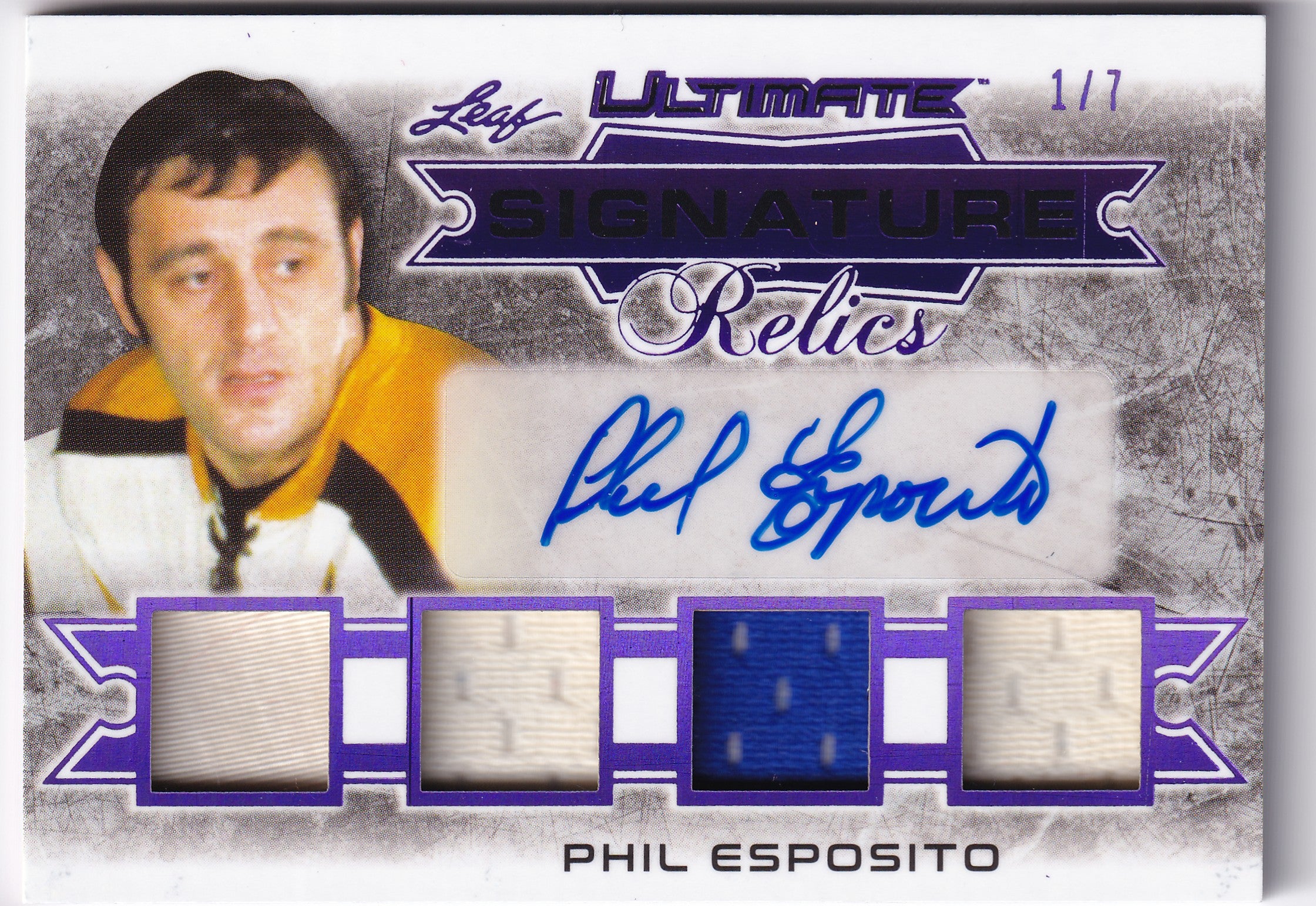 Phil Esposito 2019–20 Leaf Ultimate Signature Relics Purple Auto /7 #USR-PE1 – 1/7