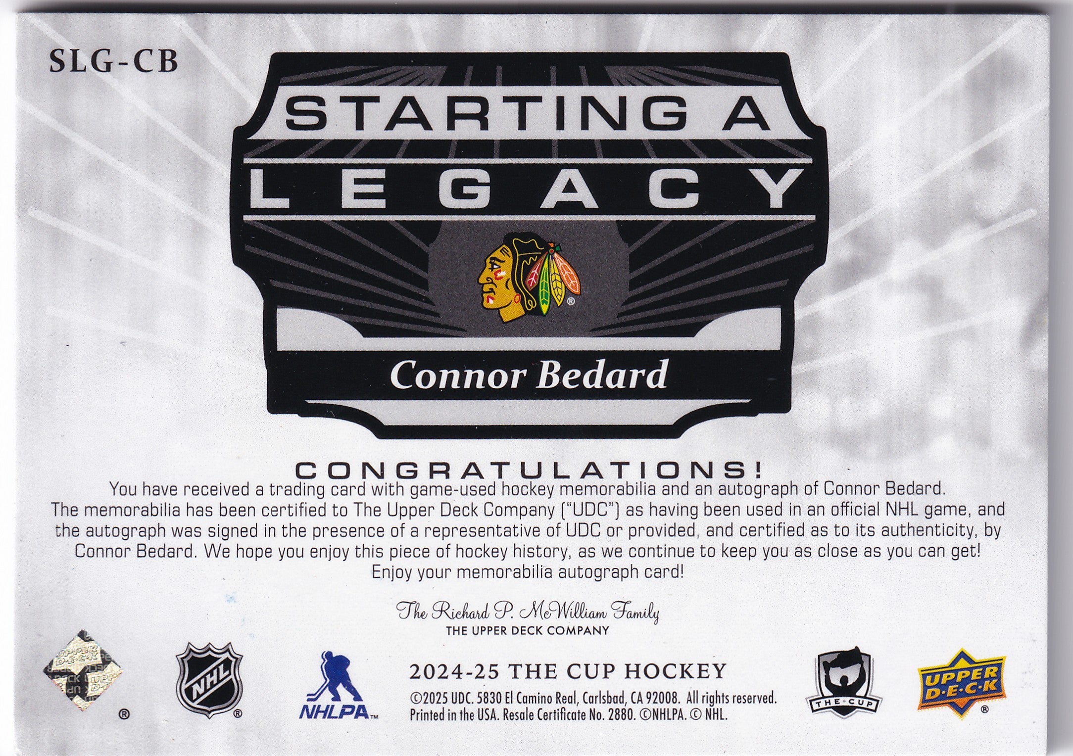 Connor Bedard 2024–25 The Cup Starting a Legacy Patch Auto /35 #SLG-CB – 15/35