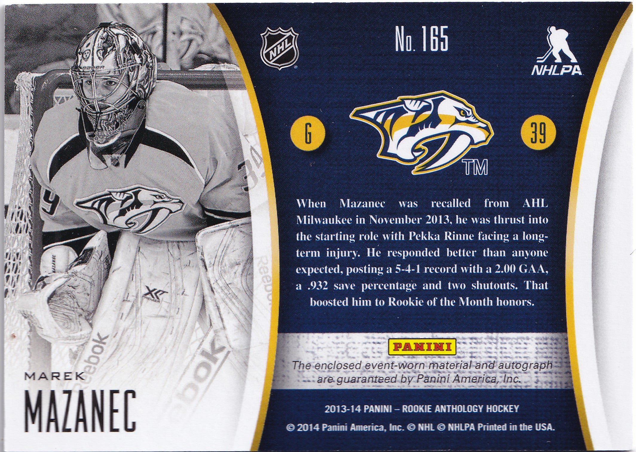Marek Mazanec 2013–14 Rookie Anthology Rookie Selection Dual Jersey Auto /249 #165 – 097/249
