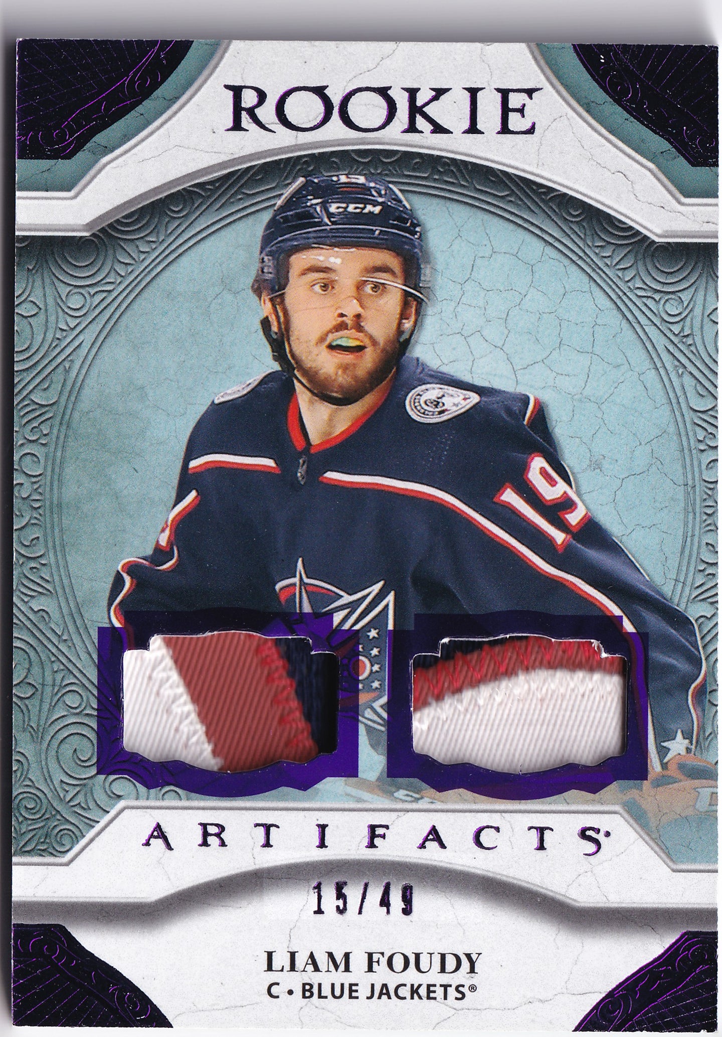 Liam Foudy 2020–21 Artifacts Rookie Materials Purple Dual Patch /49 #162 – 15/49