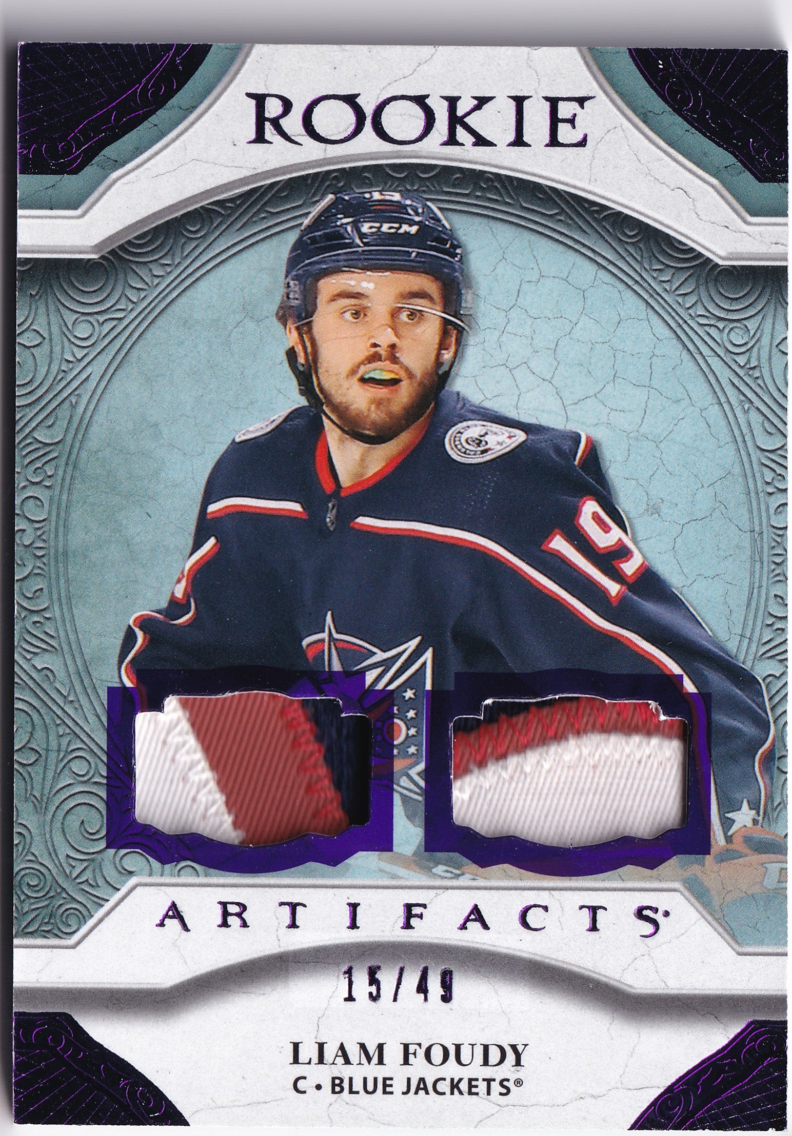 Liam Foudy 2020–21 Artifacts Rookie Materials Purple Dual Patch /49 #162 – 15/49