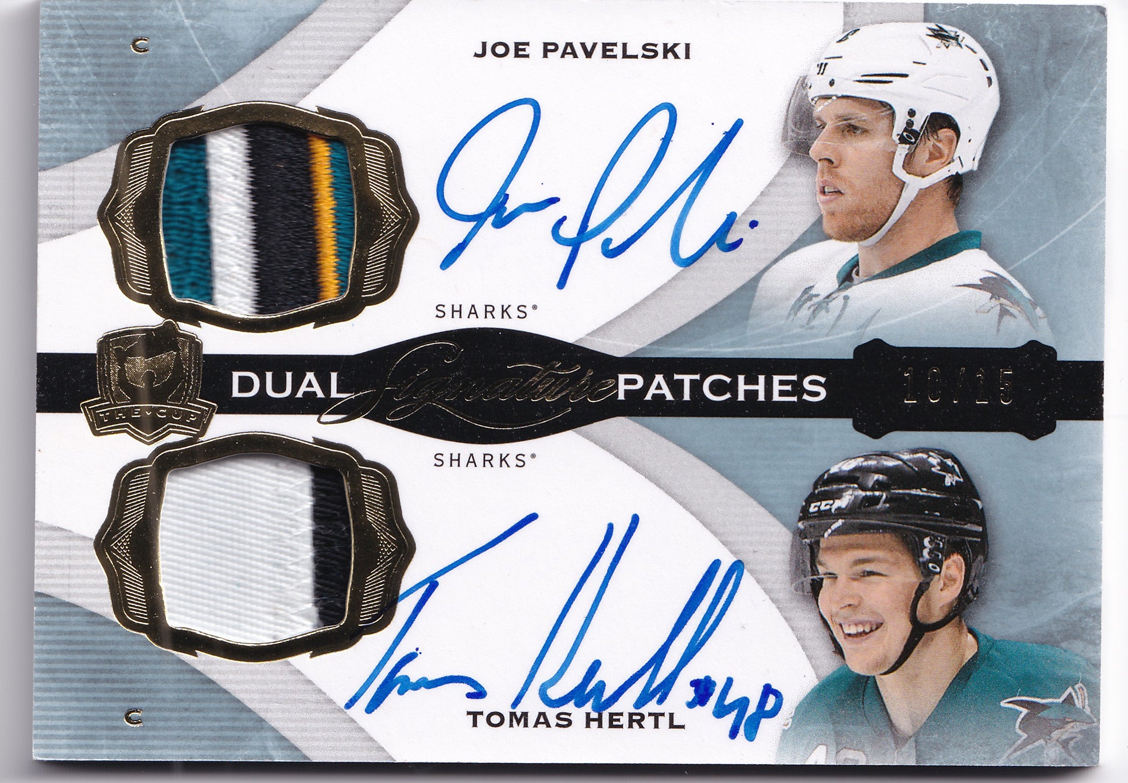Joe Pavelski & Tomáš Hertl 2014-15 The Cup Dual Signature Patches Auto /15 #DSP-JT – 10/15