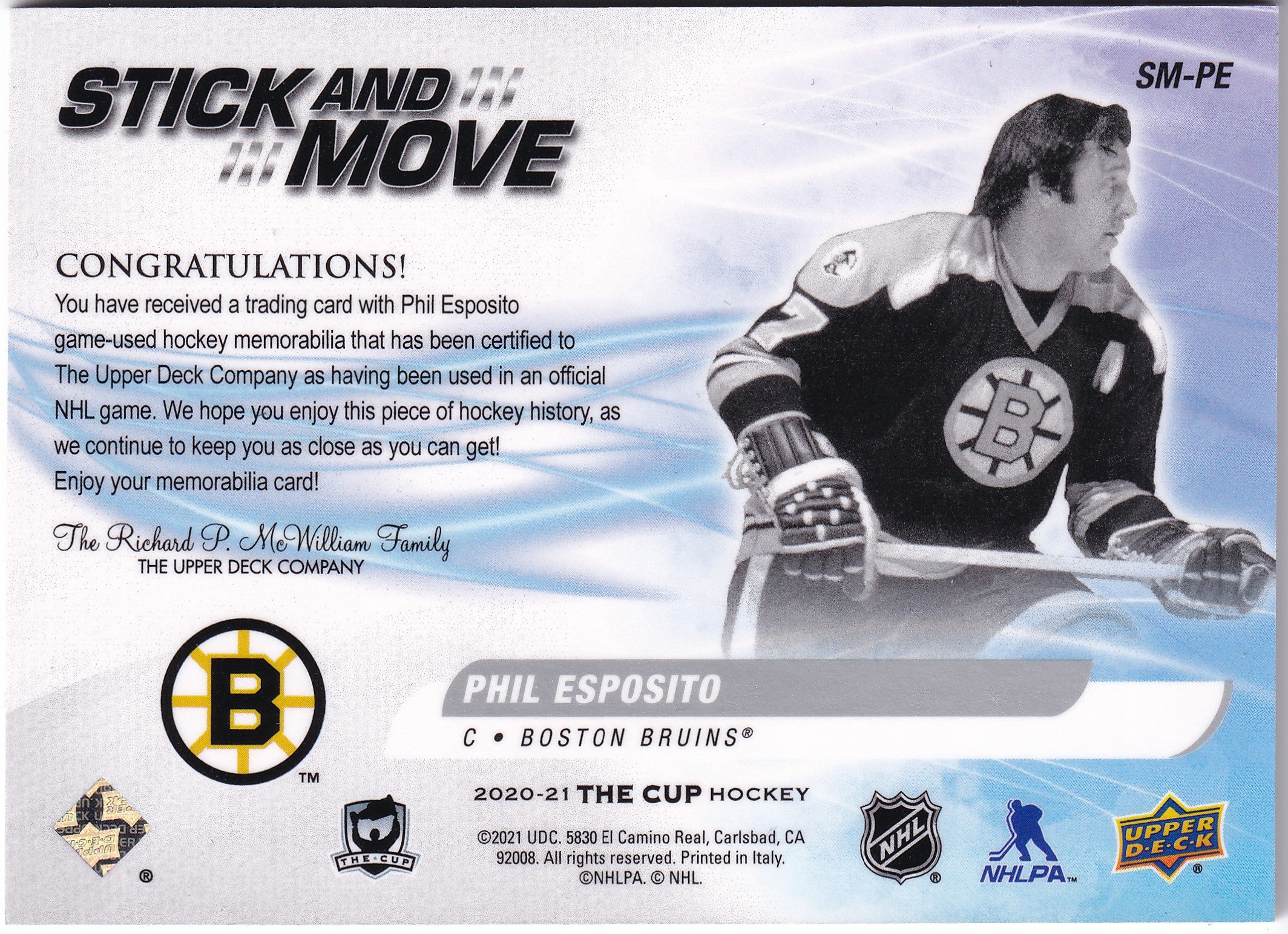 Phil Esposito 2020–21 The Cup Stick and Move Game-Used Stick /15 #SM-PE – 05/15
