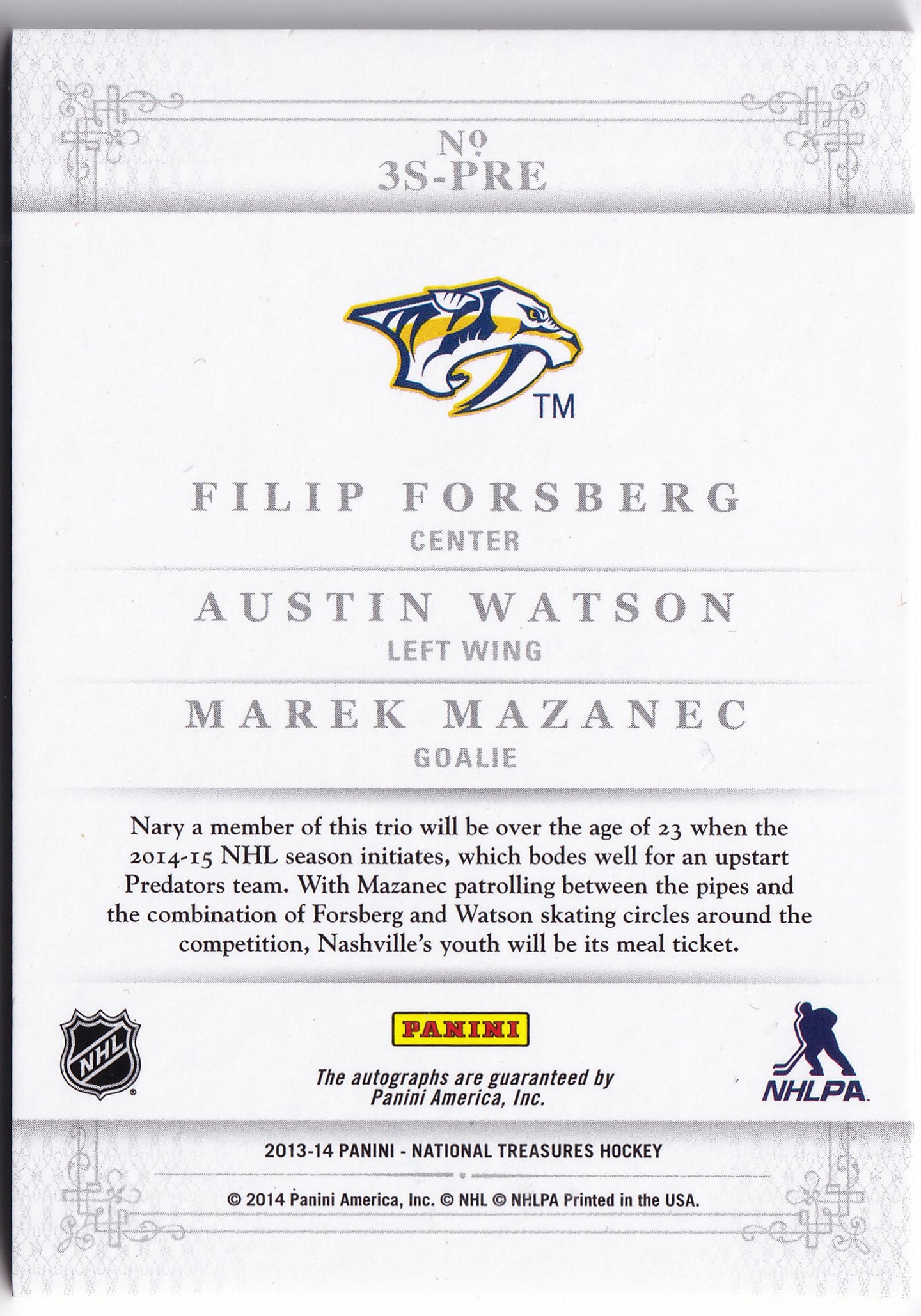 Filip Forsberg, Austin Watson & Marek Mazanec 2013–14 National Treasures Trios Triple Auto /20 #3S-PRE – 04/20