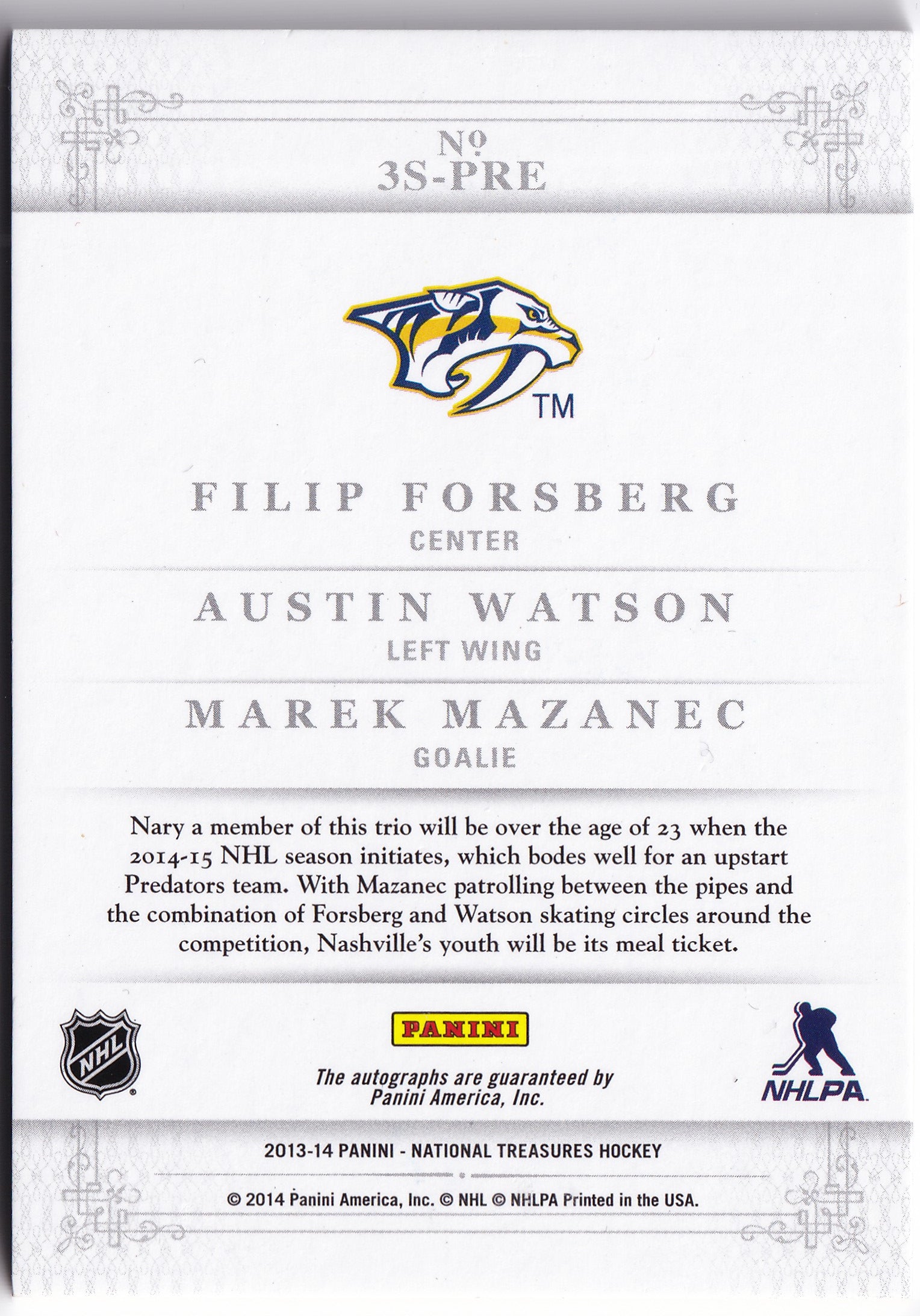Filip Forsberg, Austin Watson & Marek Mazanec 2013–14 National Treasures Trios Triple Auto /20 #3S-PRE – 04/20