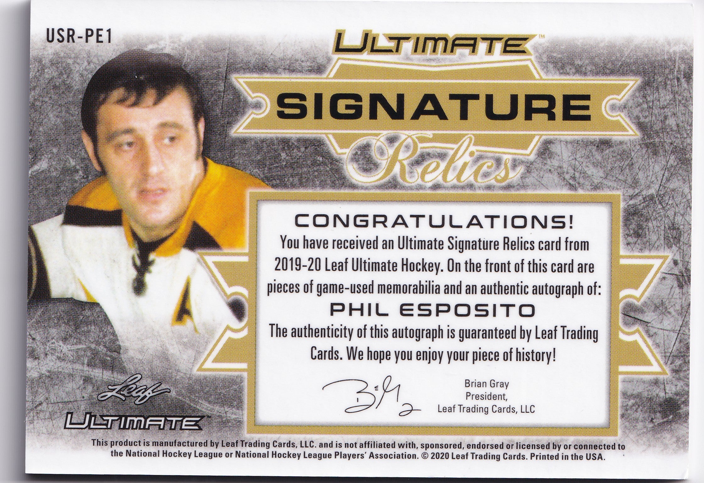 Phil Esposito 2019–20 Leaf Ultimate Signature Relics Purple Auto /7 #USR-PE1 – 1/7